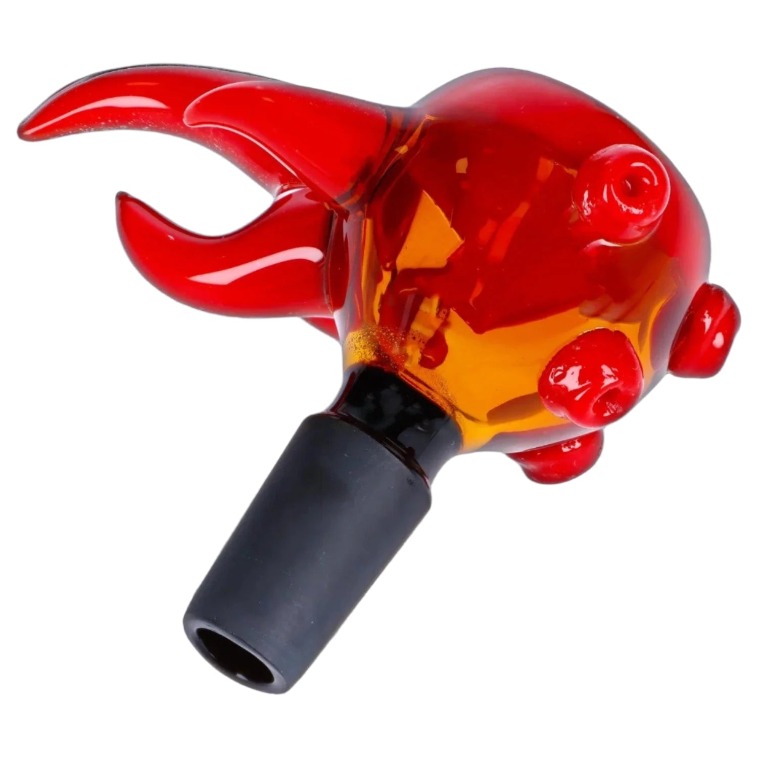 Close-up of the red glass 14mm Bird Mouth Bowl showing its claw-like mouthpiece and rounded knobbly bowl from a slightly angled top view