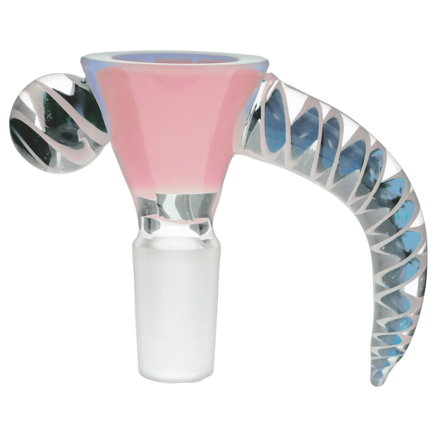Close-up angled view of the 14mm Horn Herb Bowl showing a glossy pink funnel bowl with a clear twisted handle accent and frosted 14mm joint.