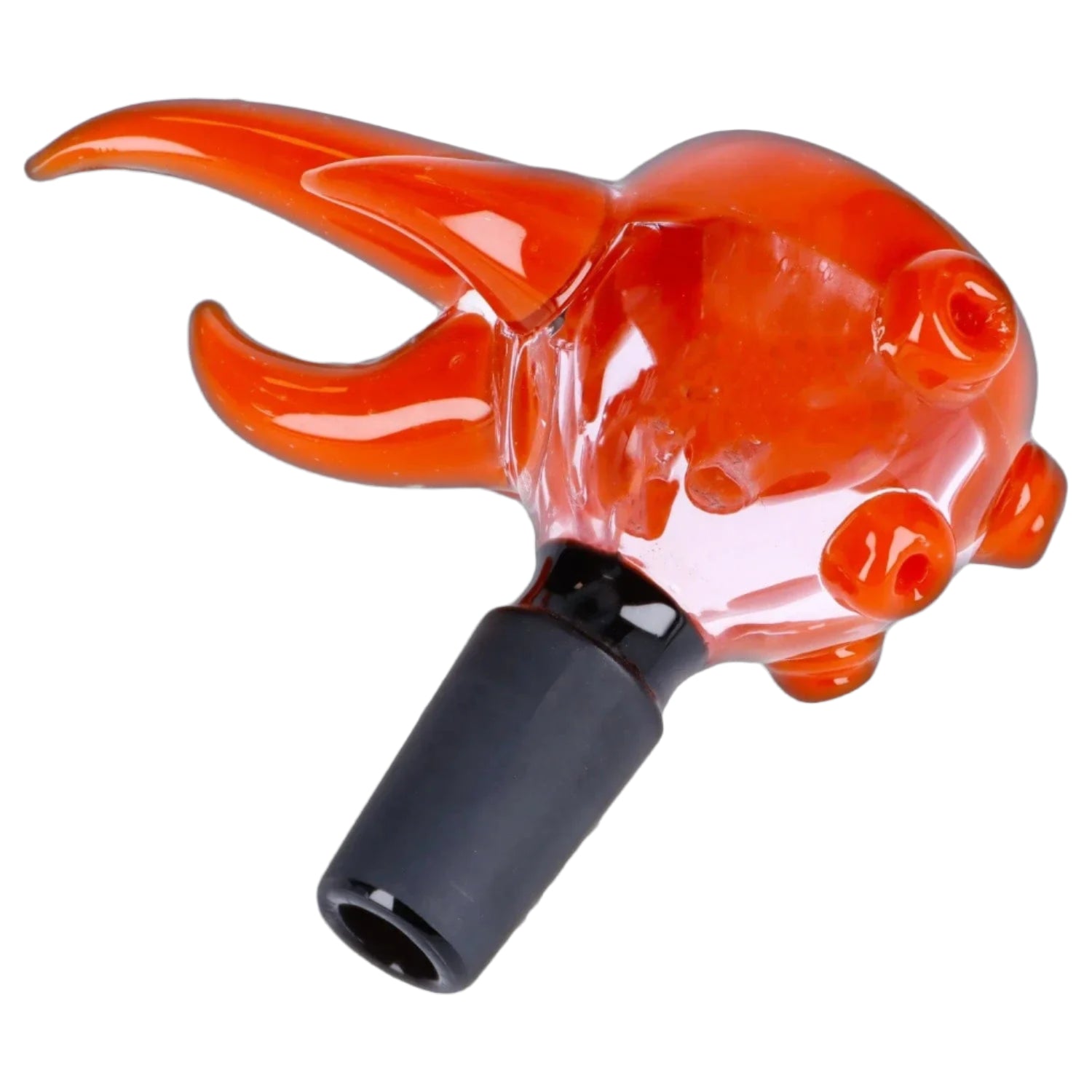 Close-up angled view of the red 14mm Bird Mouth Bowl showing its glossy glass claw-like mouthpiece and matte black stem connection