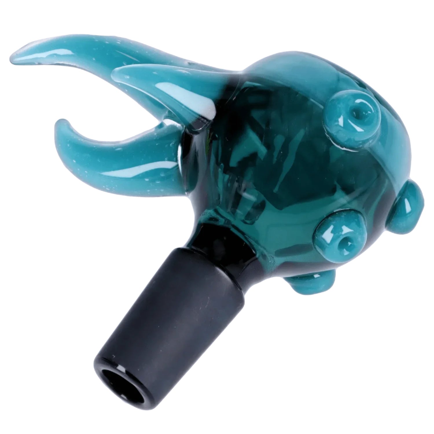 Close-up angled view of a teal glass 14mm Bird Mouth Bowl showing its claw-like mouthpiece, rounded studs, and black joint.