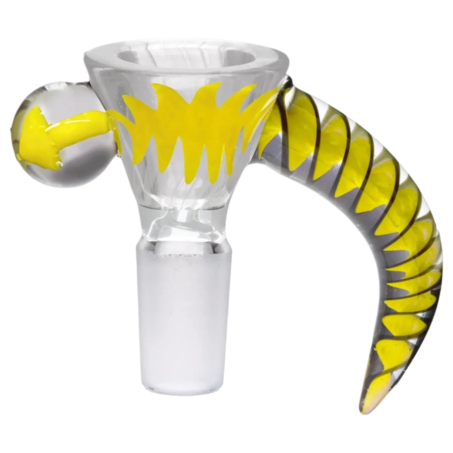 Close-up front view of the 14mm Horn Herb Bowl showing a clear glass funnel with bright yellow jagged paint and a curved horn handle with yellow spiral accents.