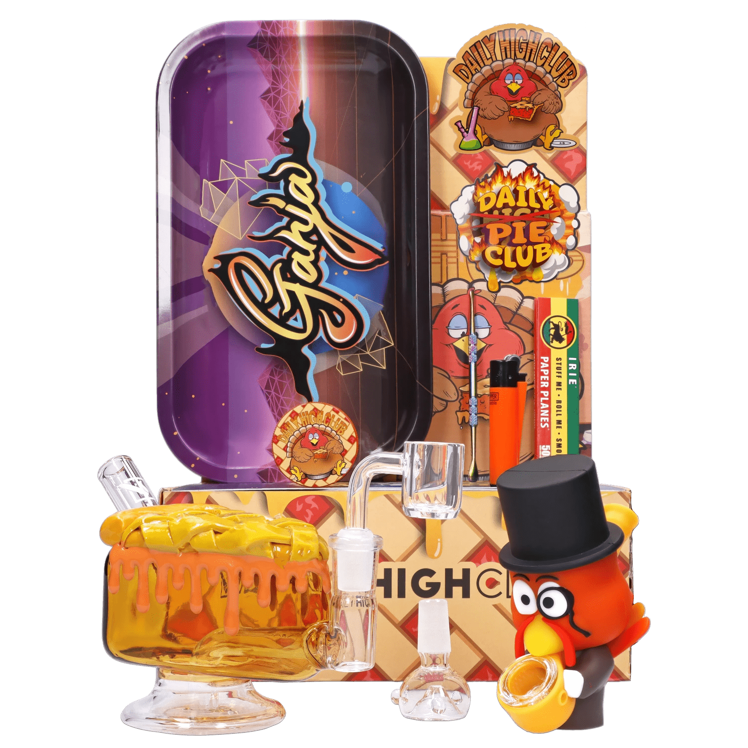 A vibrant studio shot of the “Give Danks” Smoking Box, featuring a colorful graphic design and a playful illustrated character.