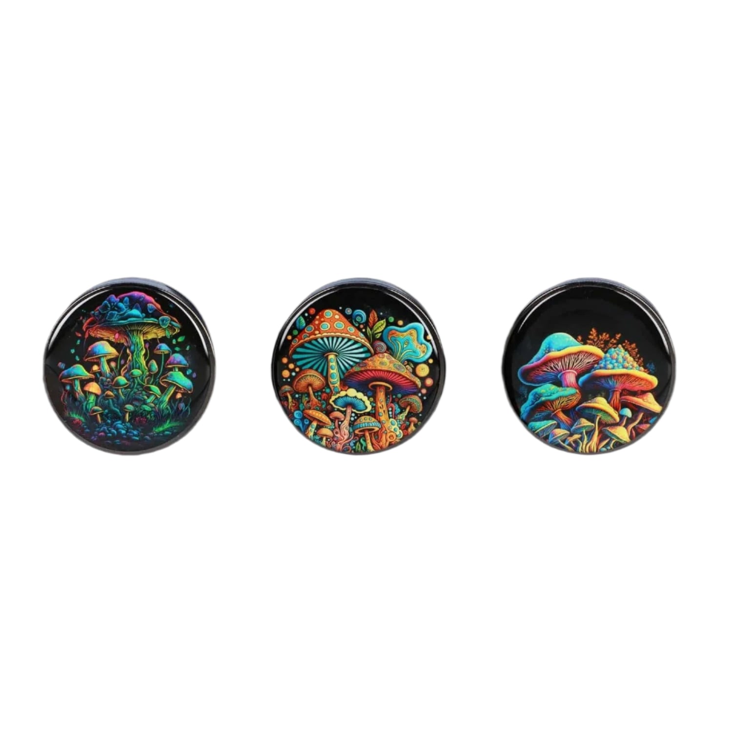Top-down view of three 63mm Chrome w/ Glowing Mushroom Grinder lids showing neon, multicolored mushroom illustrations on a black background.