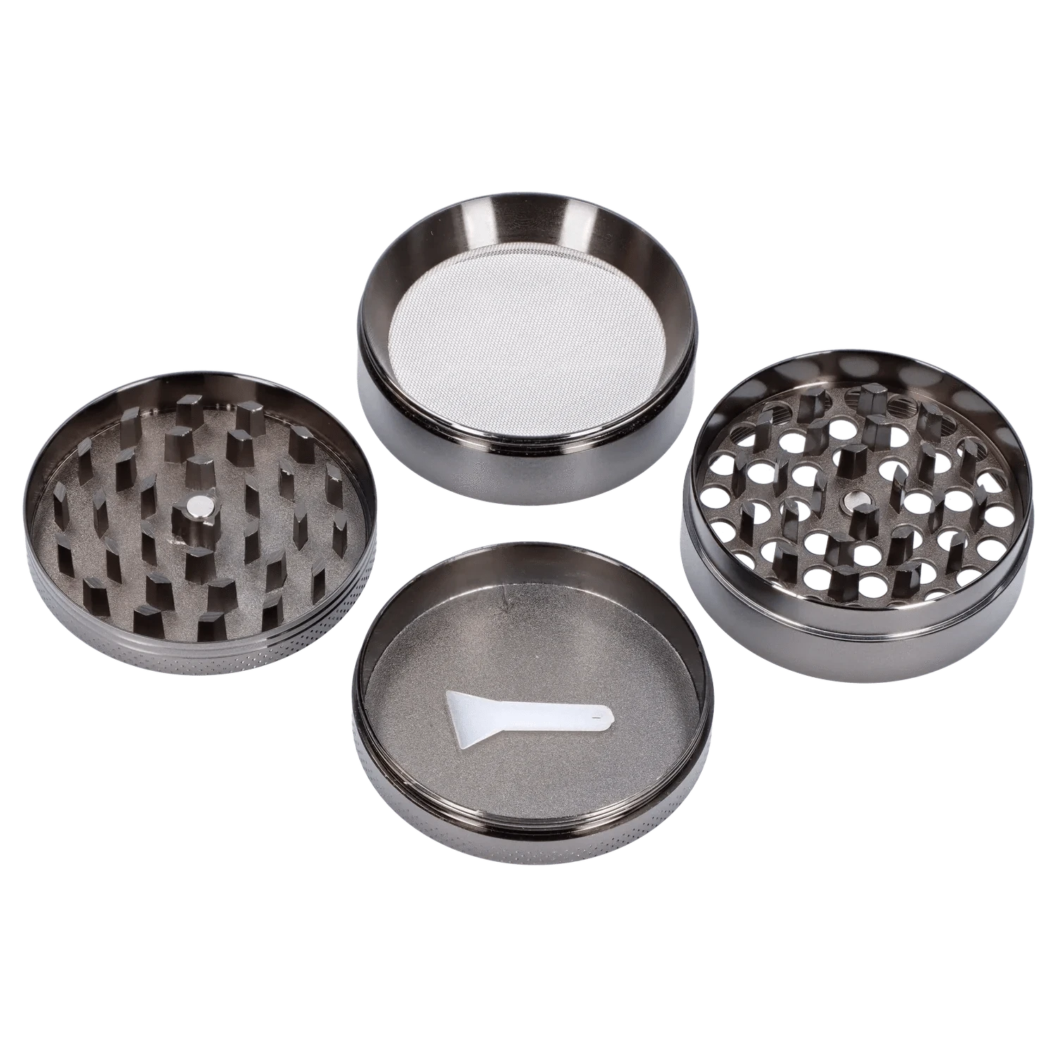 Top-down view of the 63mm Chrome w/ Glowing Mushroom Grinder showing four separated chrome chambers, internal teeth, mesh screen, and a small white scraper.