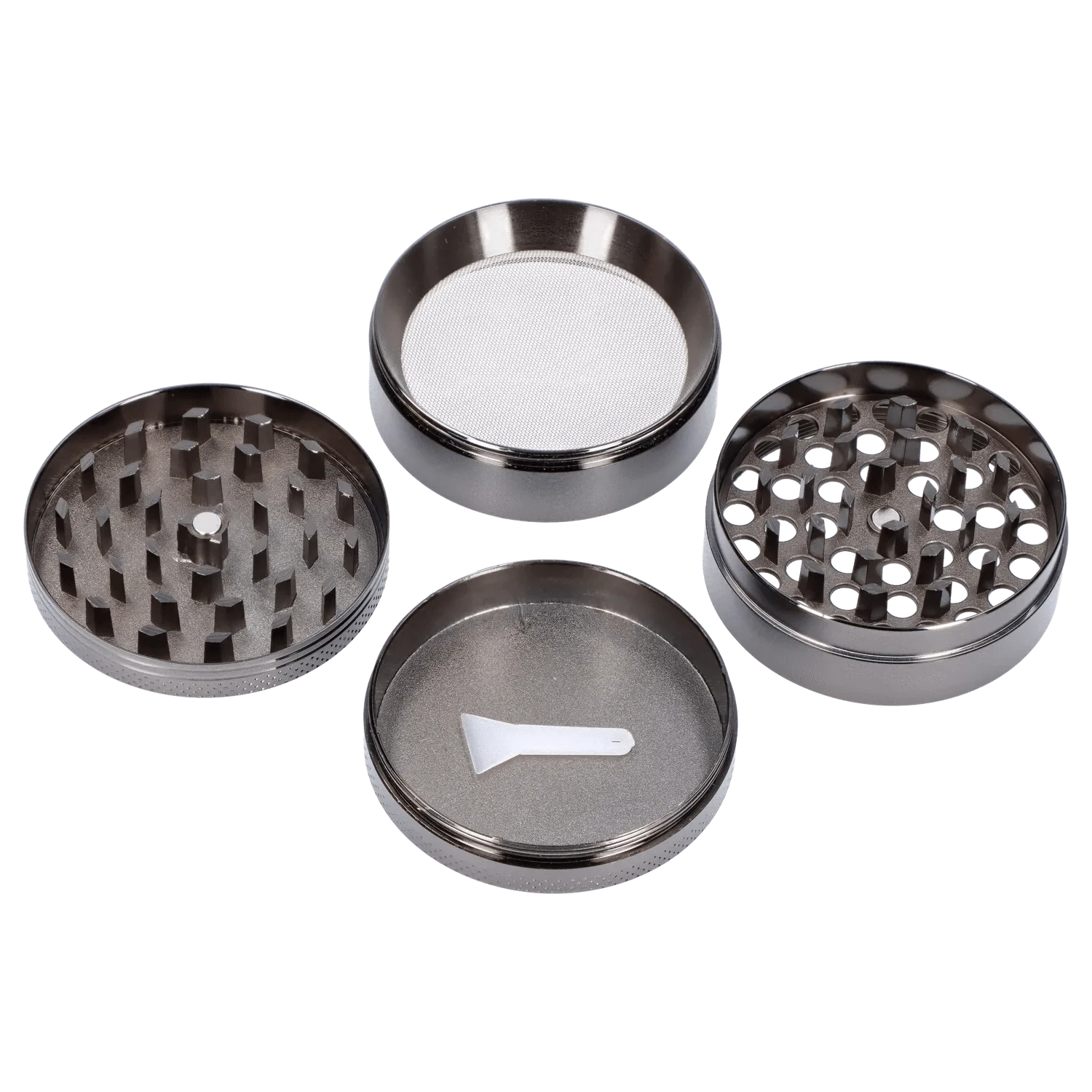 Top-down view of the disassembled Mushroom Frogs 63mm Chrome Grinder showing four chrome sections and a small white scraper.