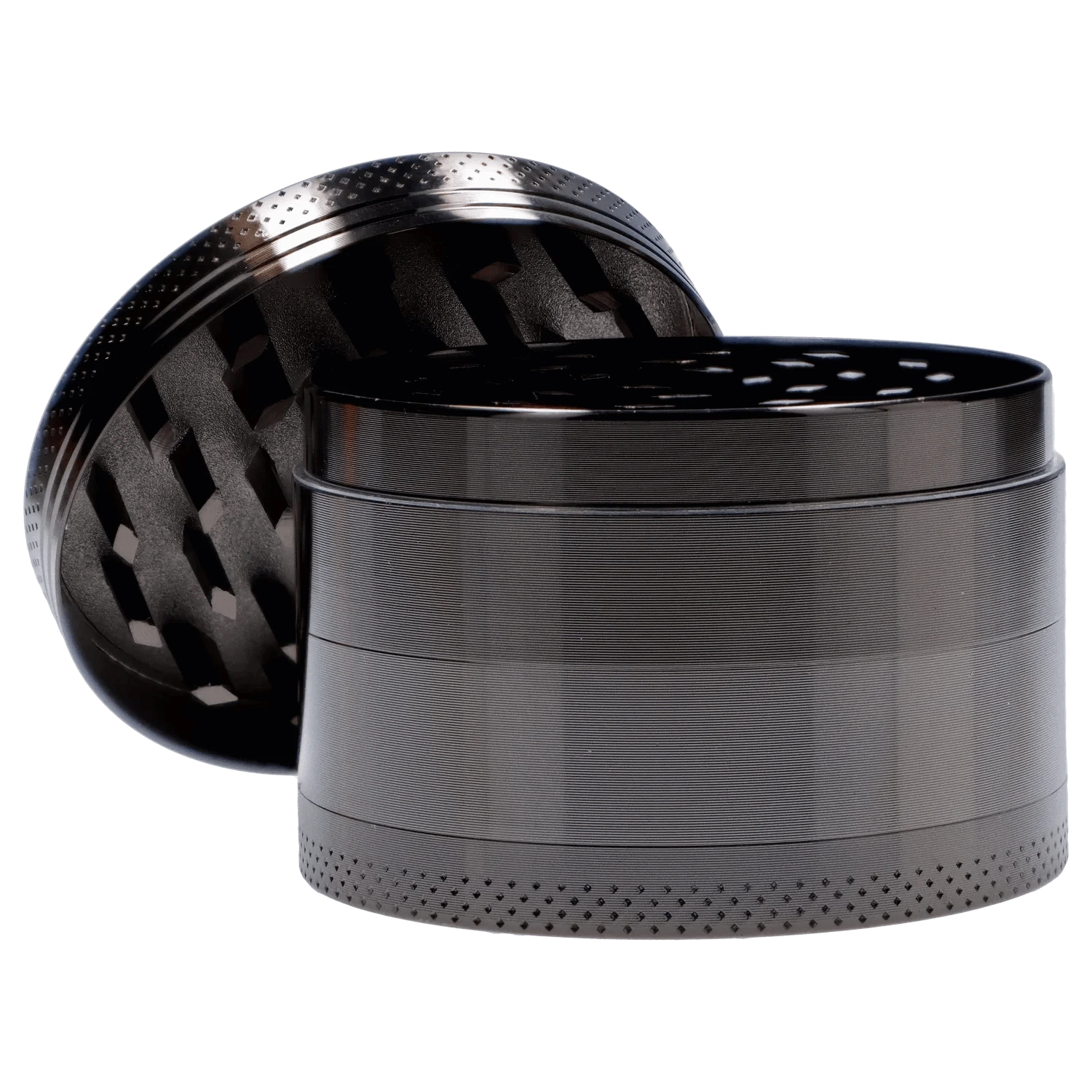 Close-up angled view of the chrome Mushroom Frogs 63mm Chrome Grinder showing its textured rim and interlocking teeth.