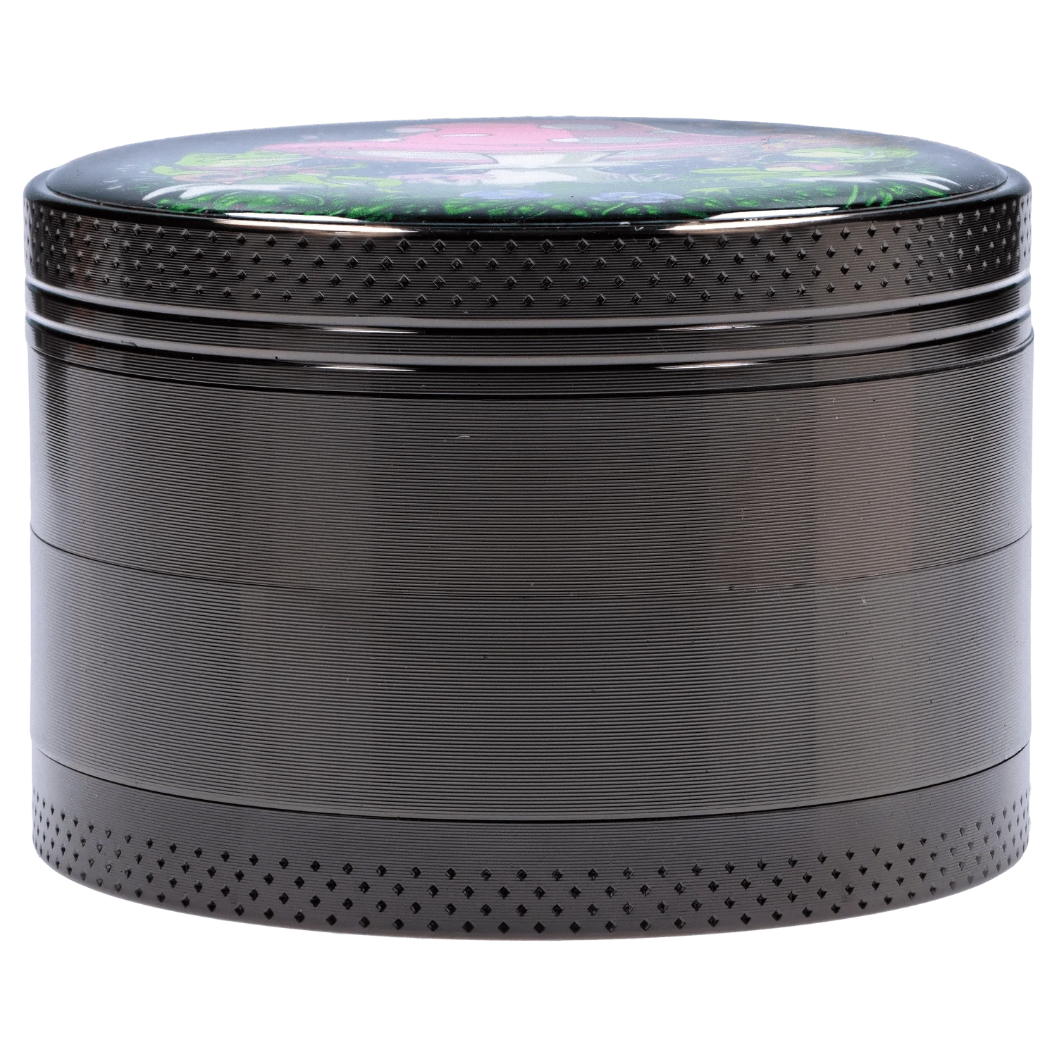 Close-up side view of the Mushroom Frogs 63mm Chrome Grinder showing its textured black chrome body and glossy decorated top.