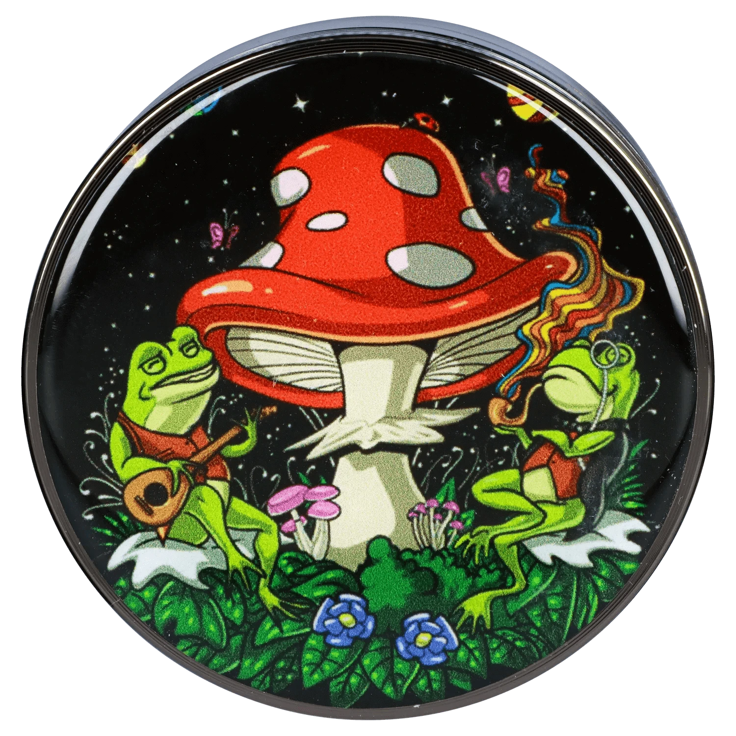 Top-down close-up of the Mushroom Frogs 63mm Chrome Grinder lid showing a red spotted mushroom with two green frogs playing instruments amid colorful foliage.