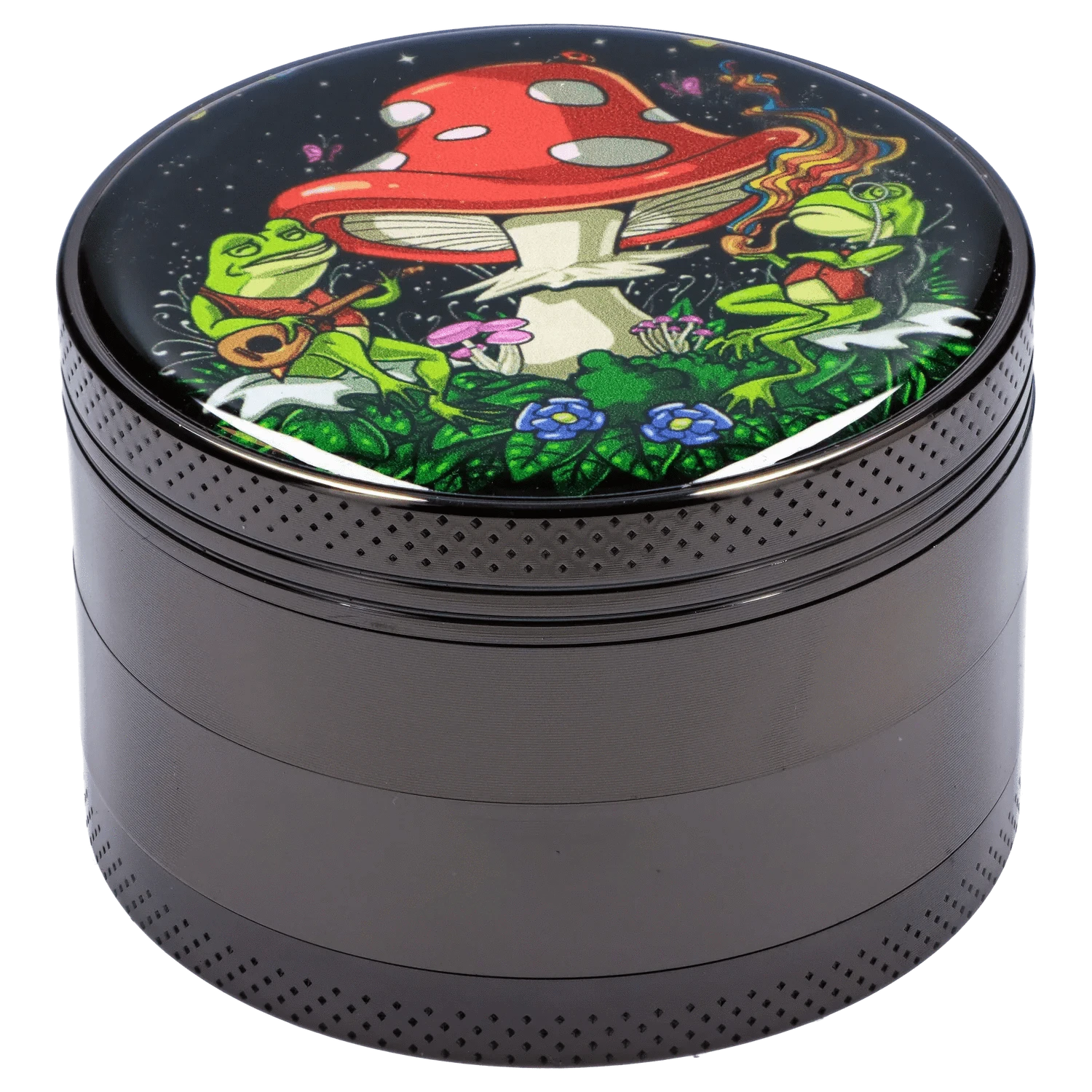 Angled close-up of the Mushroom Frogs 63mm Chrome Grinder top showing a glossy mushroom-and-frog illustration with vibrant greens and reds.