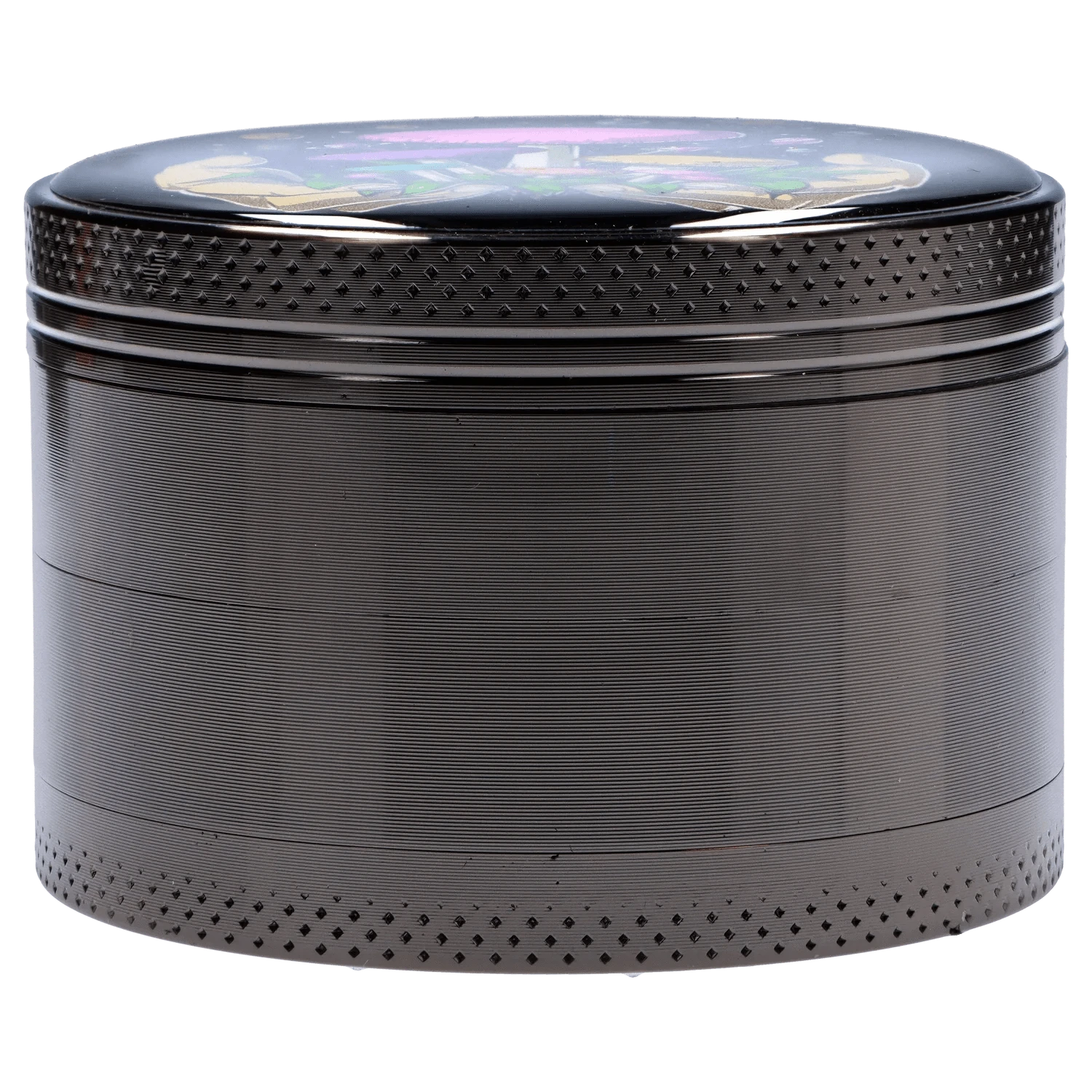 Close-up, low-angle view of the Space Hands Mushroom 63mm Chrome Grinder showing its textured cylindrical sides and glossy patterned lid.