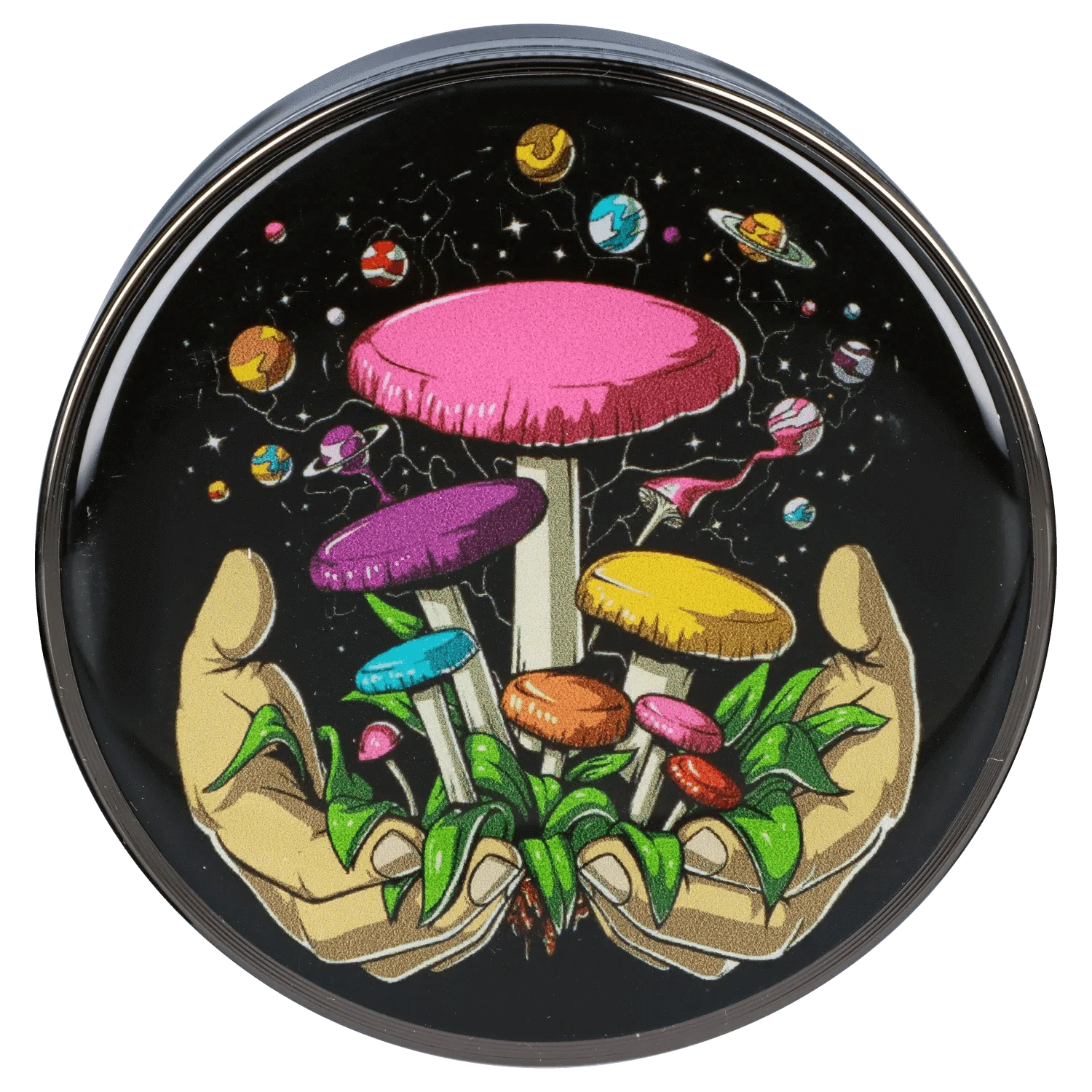 Top-down view of the Space Hands Mushroom 63mm Chrome Grinder showing illustrated hands cradling colorful mushrooms against a starry black space background.