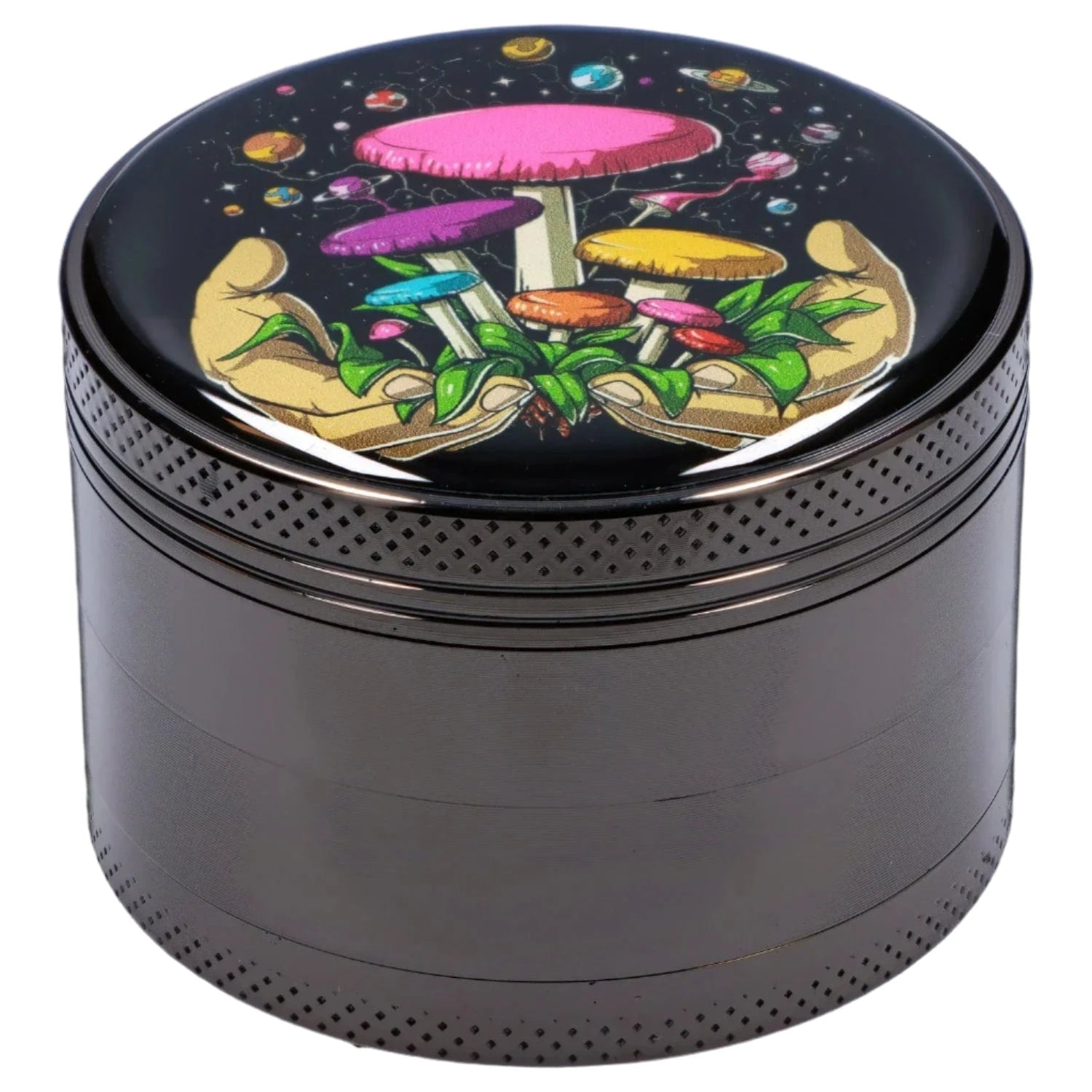 Close-up angled view of the Space Hands Mushroom 63mm Chrome Grinder showing its glossy black lid artwork of colorful mushrooms cradled in illustrated hands.