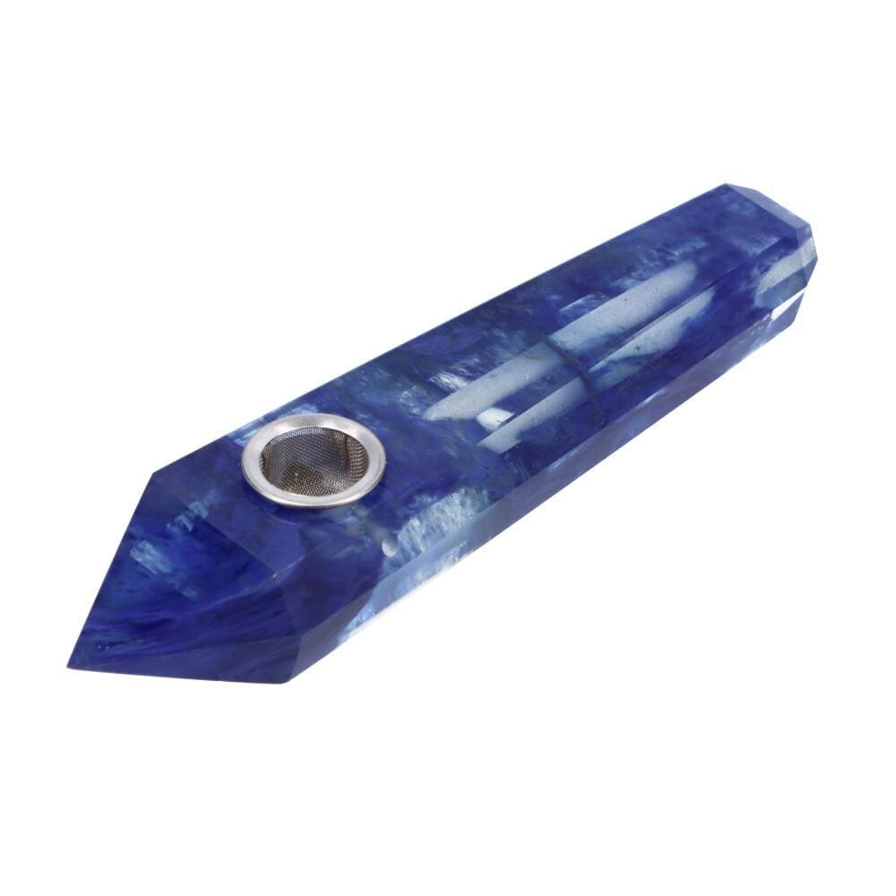 A diagonally angled view of the Crystal Hand Pipe, a sculpted glass pipe with a dark blue, marbled finish.