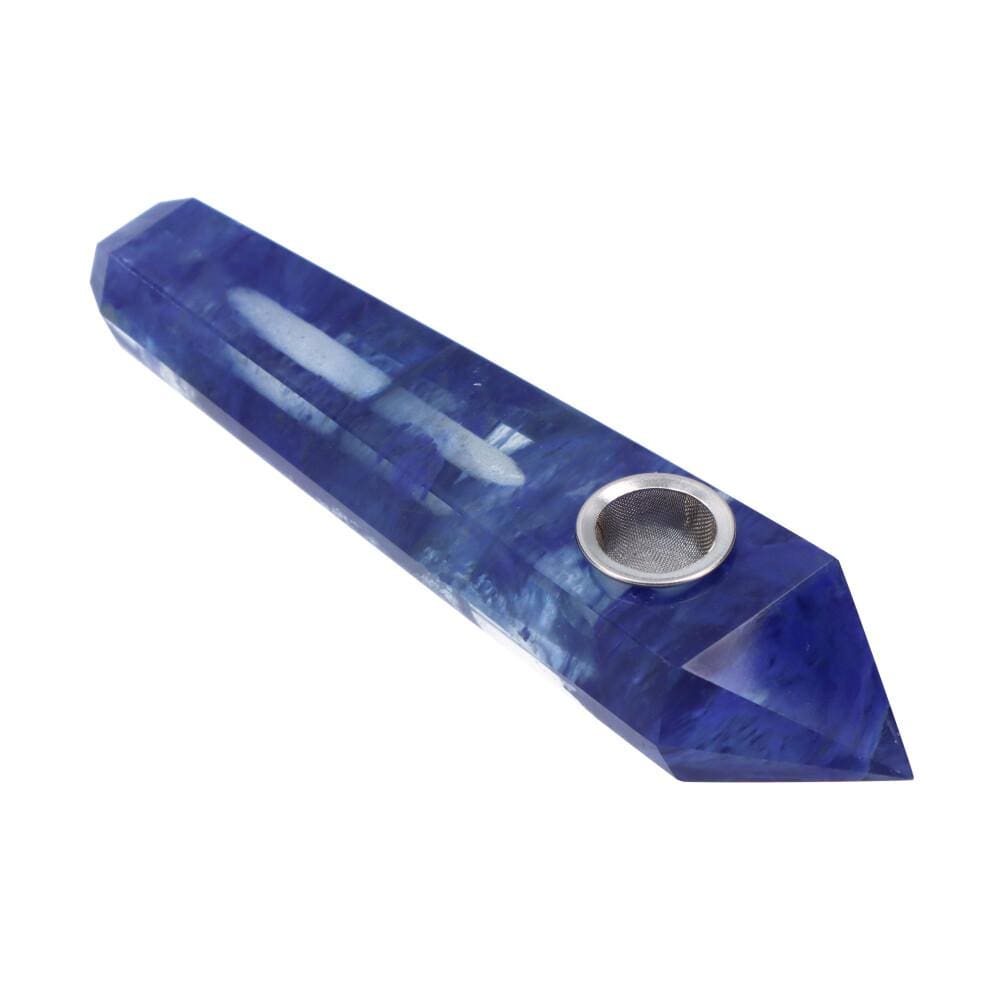 A three-quarter view of the Crystal Hand Pipe, showing the blue glass hand pipe with a rounded mouthpiece.
