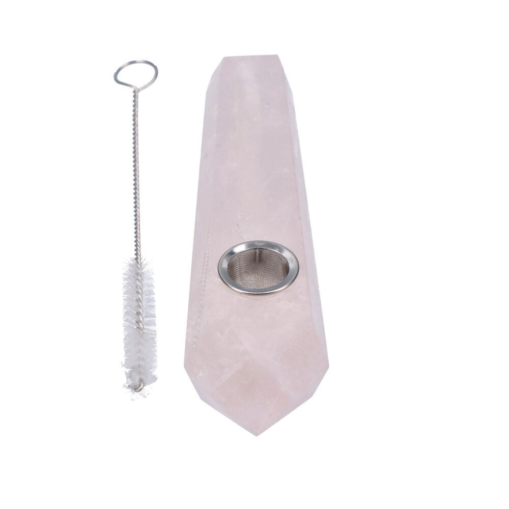 A front view of the Crystal Hand Pipe shows a tapered, pale pink glass pipe with a small brush beside it.