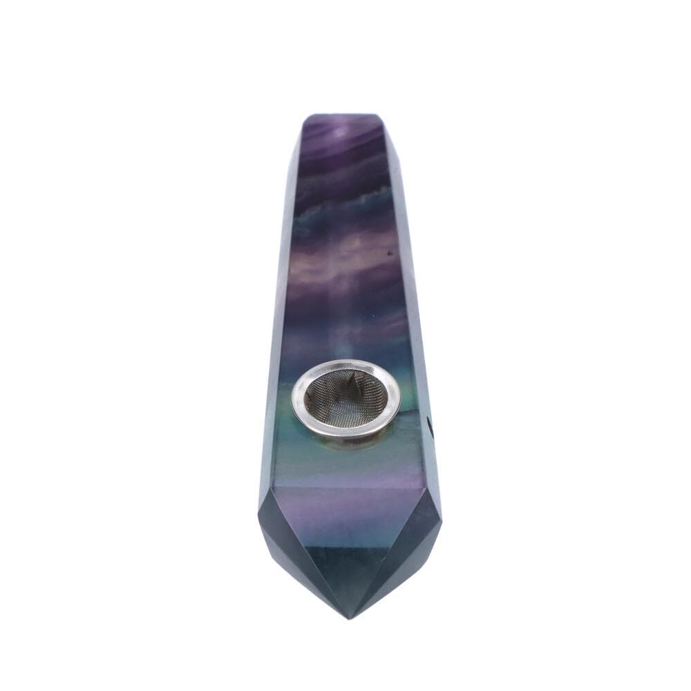 Front view of the Crystal Hand Pipe, a sculpted glass pipe with a marbled purple and green finish.