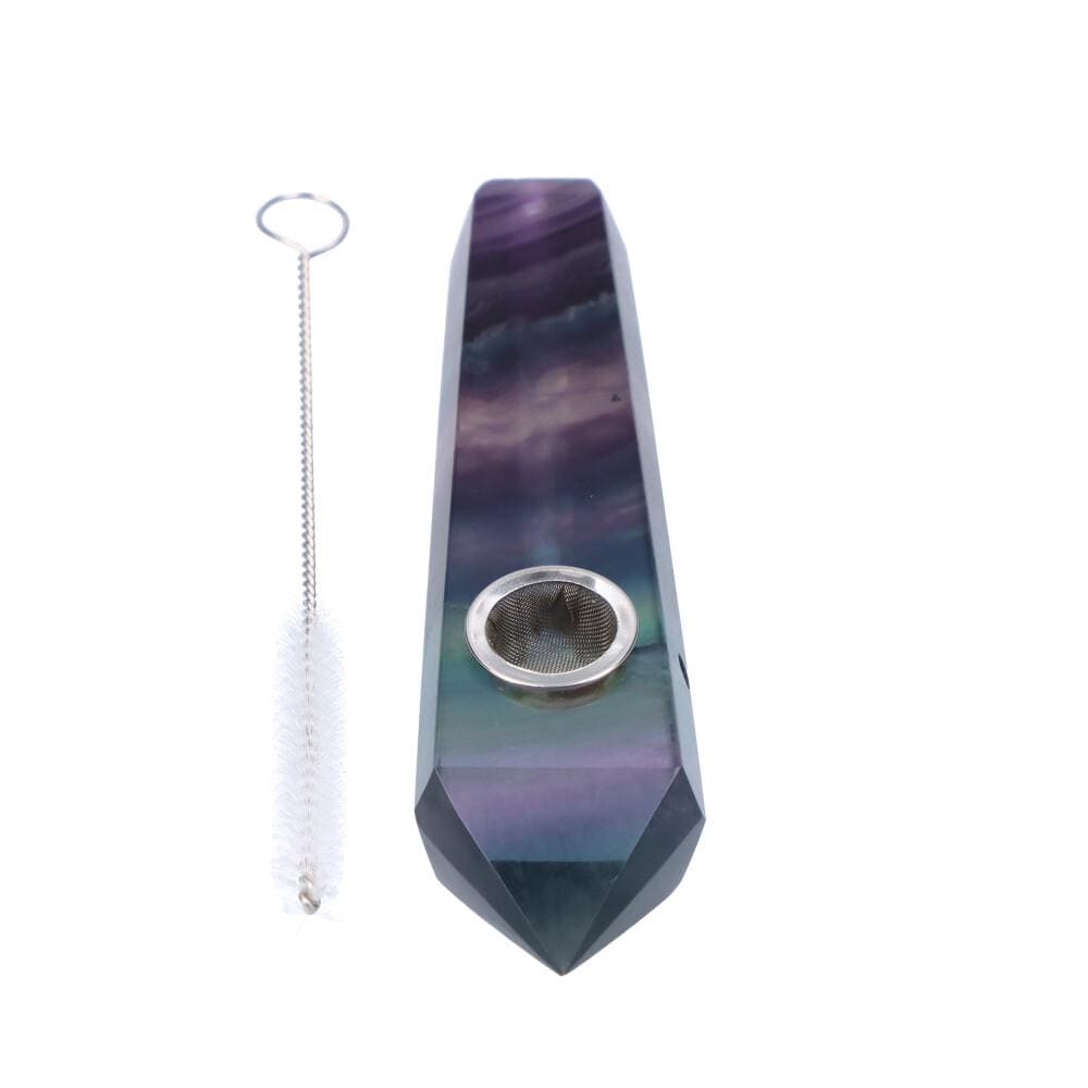 Front view of the Crystal Hand Pipe, a sculpted glass pipe with a marbled purple and green finish.