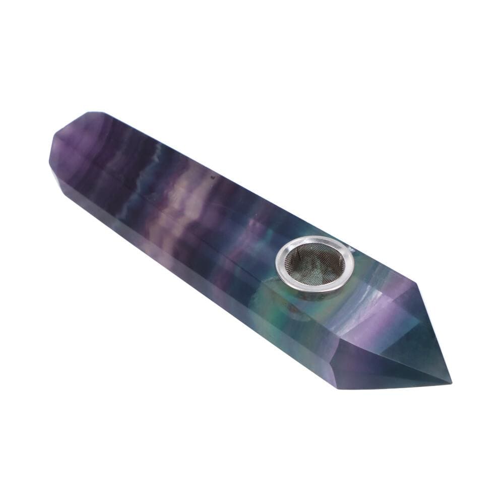 The Crystal Hand Pipe is displayed in a close-up, angled shot, showcasing its smooth, colorful glass construction.