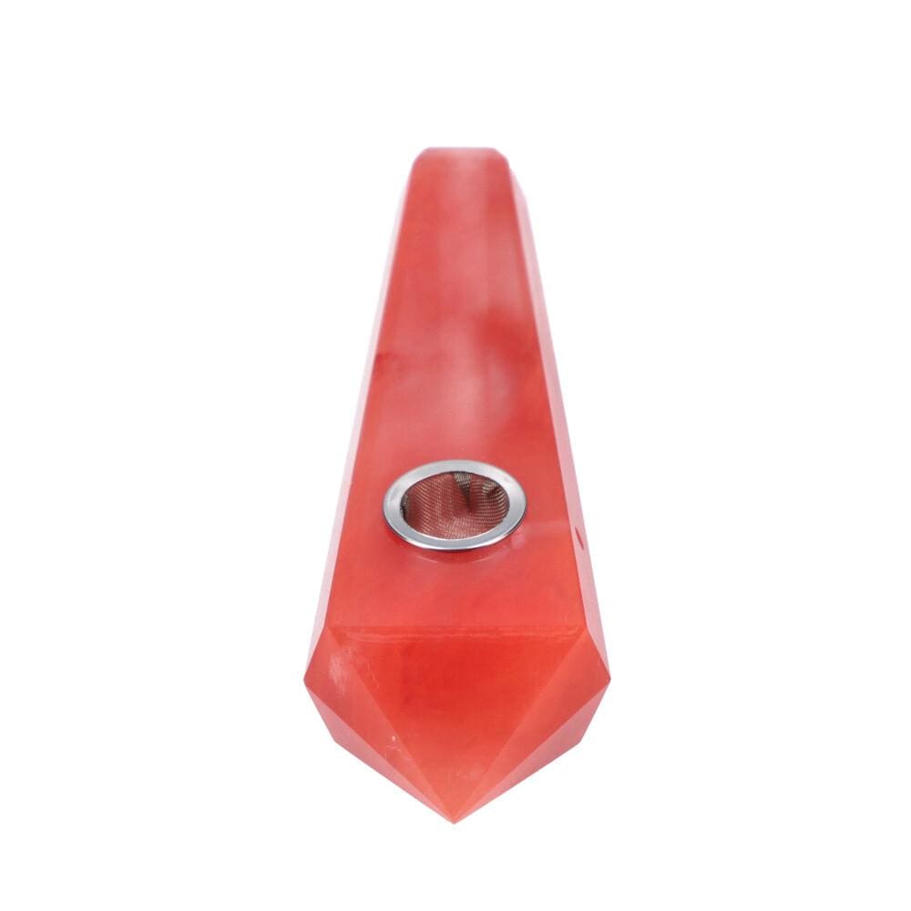 A close-up, angled view of the Crystal Hand Pipe, showcasing its smooth, red finish and small bowl.