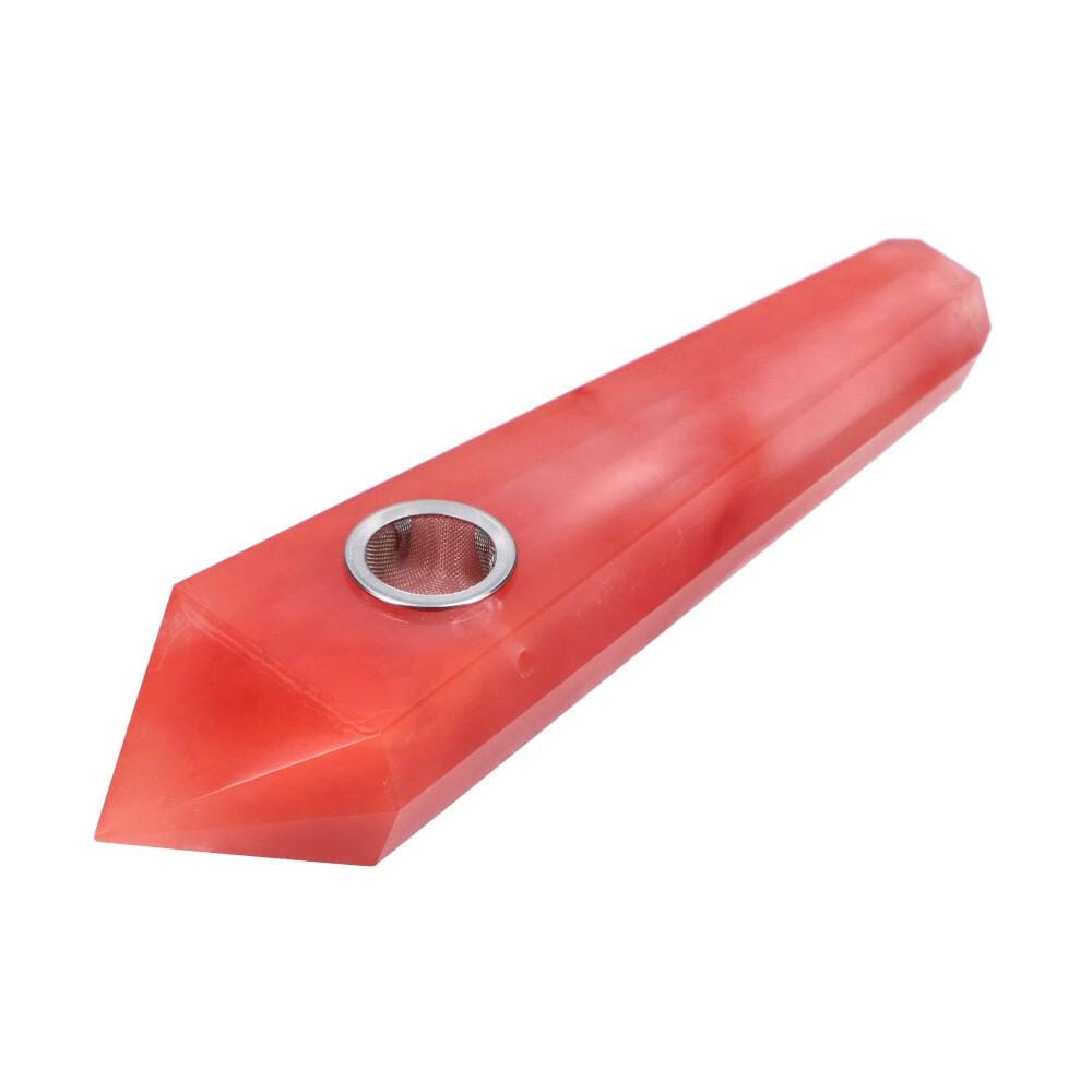 A diagonal view of the Crystal Hand Pipe, showcasing its translucent, sculpted form against a plain white background.