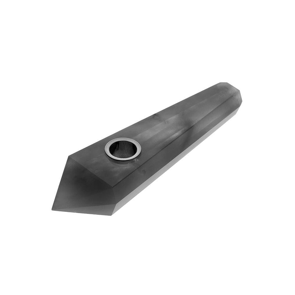 A diagonally angled view of the Crystal Hand Pipe, showcasing its smooth, transparent design against a plain white background.