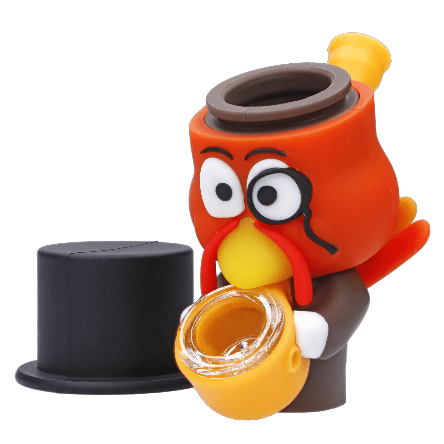 A close-up, angled view of the Fancy Turkey Silipipe hand pipe, shaped like a turkey head with a detailed beak and vibrant orange coloration.