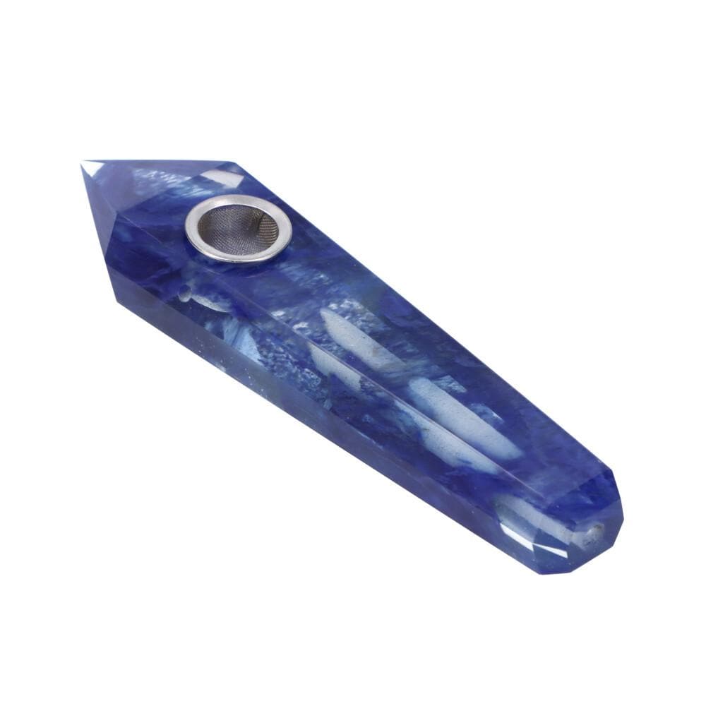 A three-quarter view of the Crystal Hand Pipe, showcasing its sculpted, translucent blue glass design.