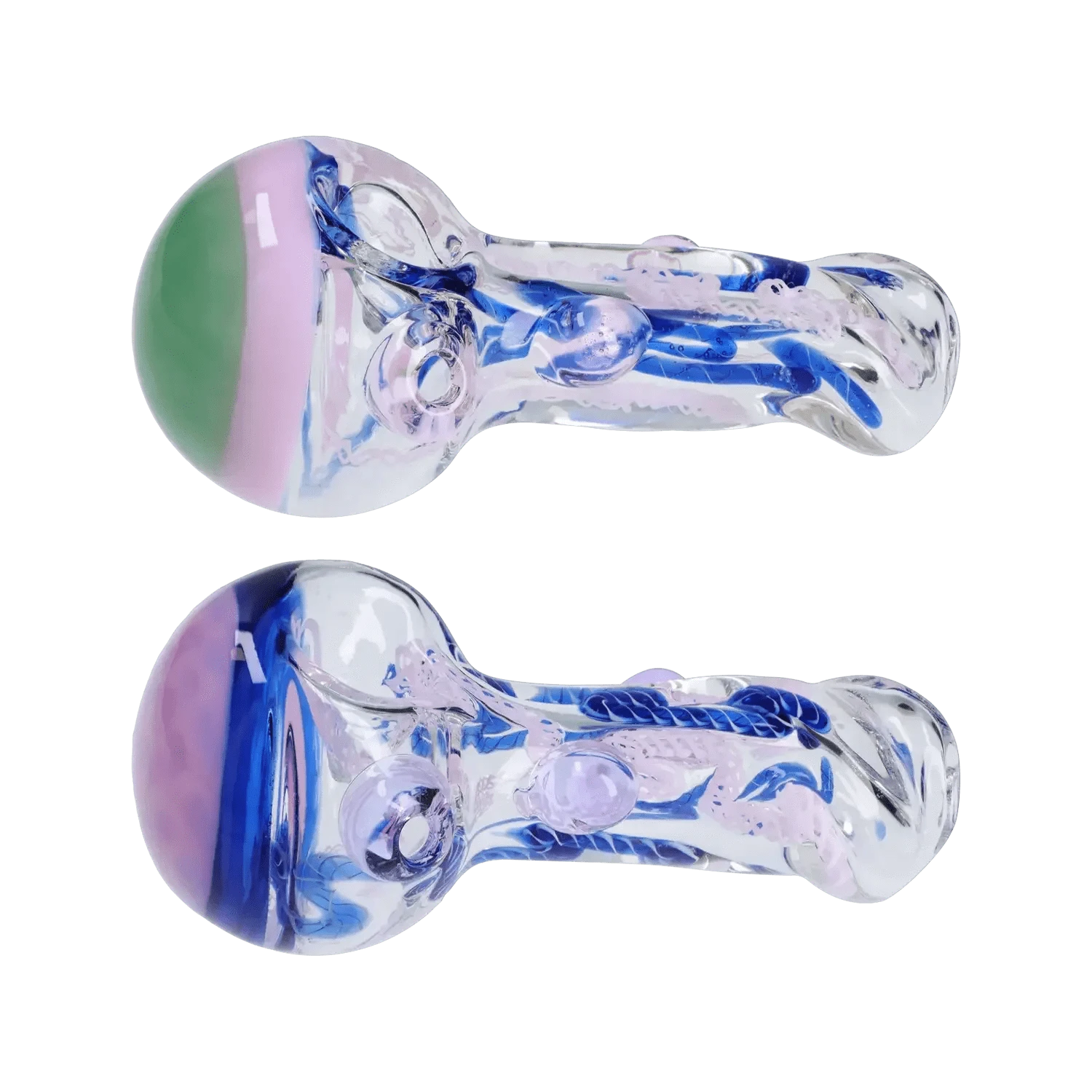 Top-down view of two mirrored Mix Color Spoon - 4.5 in. glass spoons with clear bodies, blue ribboned swirls and pink-tinted bowls.