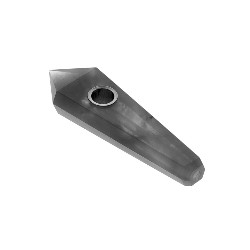 A slightly angled studio shot of the Crystal Hand Pipe, showcasing its smooth, dark form against a plain white background.