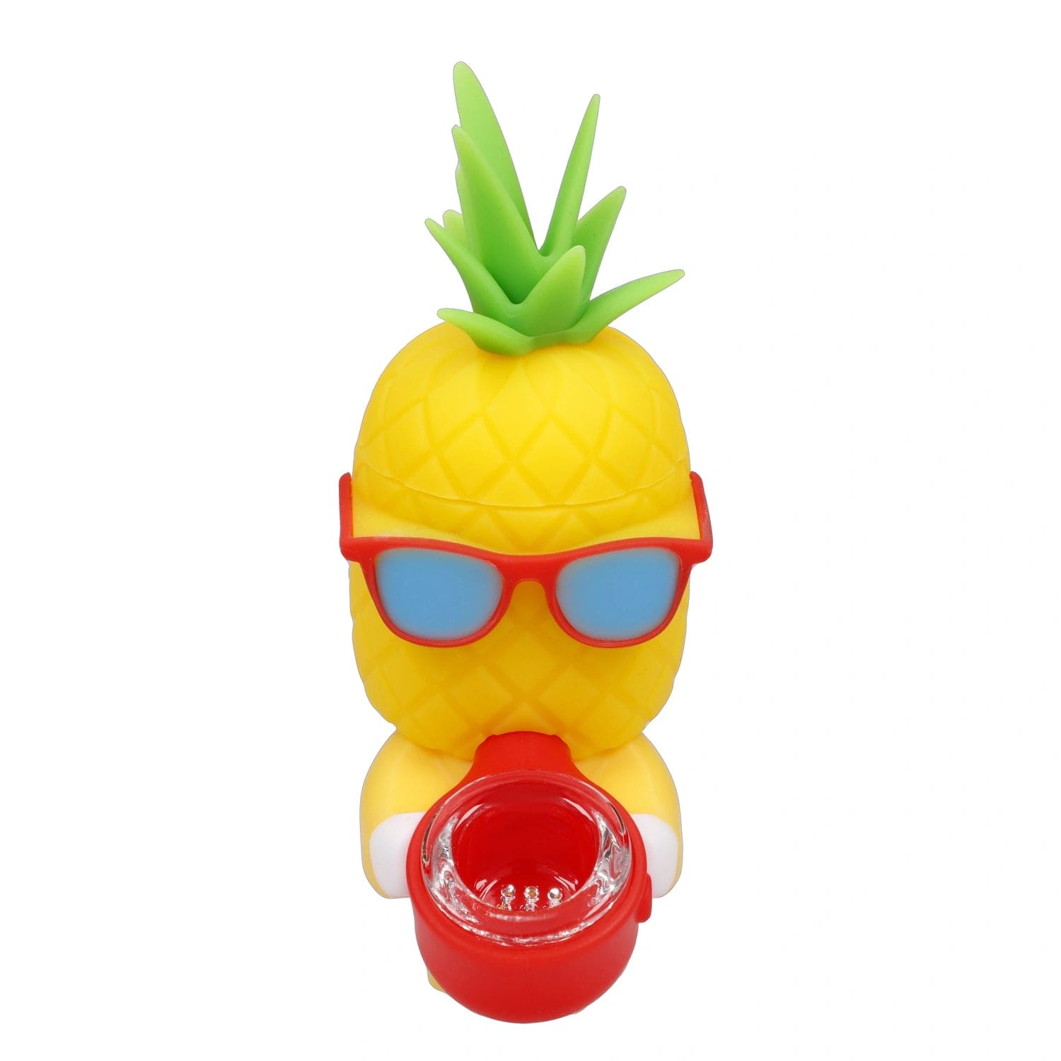 A front view of the Party Pineapple Silipipe with red sunglasses, showing a yellow, textured surface.