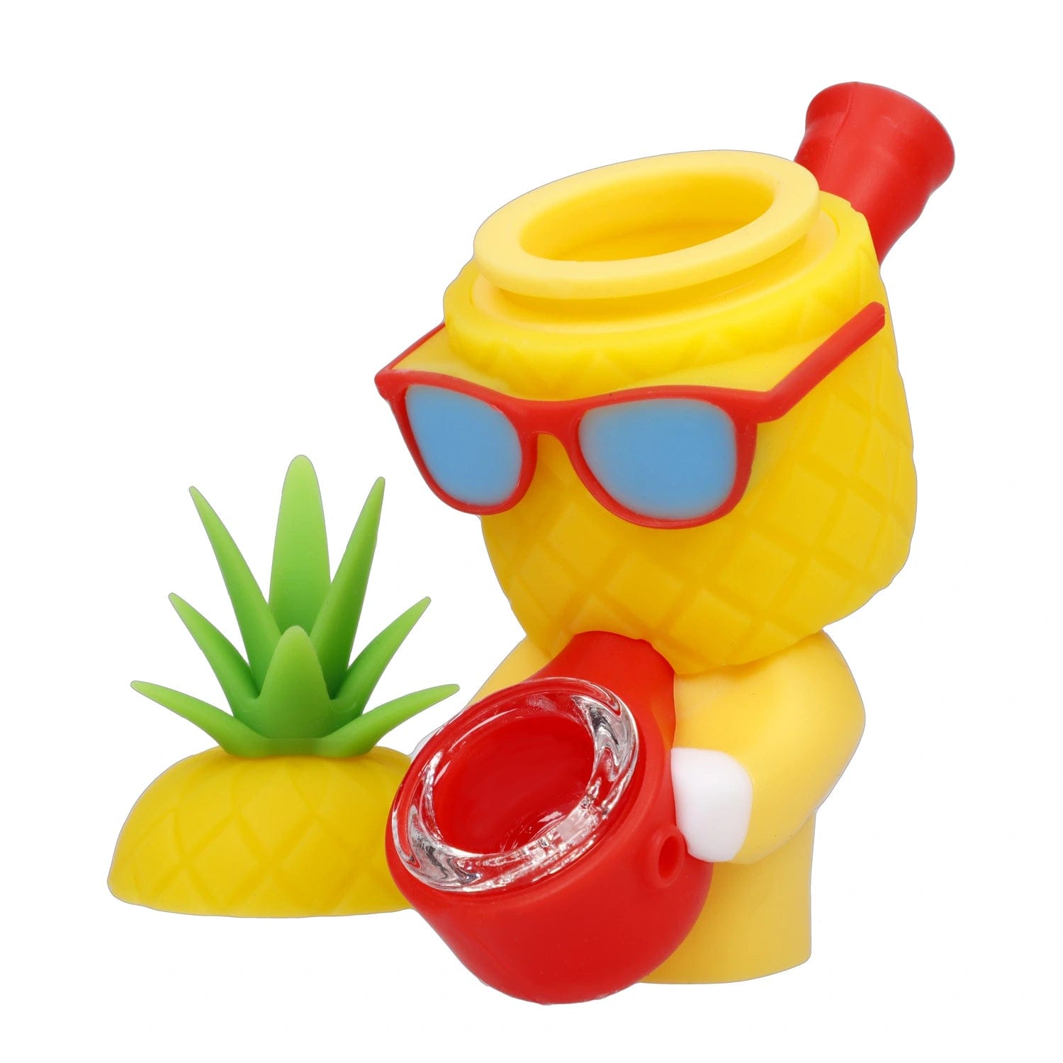 Front view of the Party Pineapple Silipipe, a yellow, sculpted pipe resembling a pineapple with a red mouthpiece.