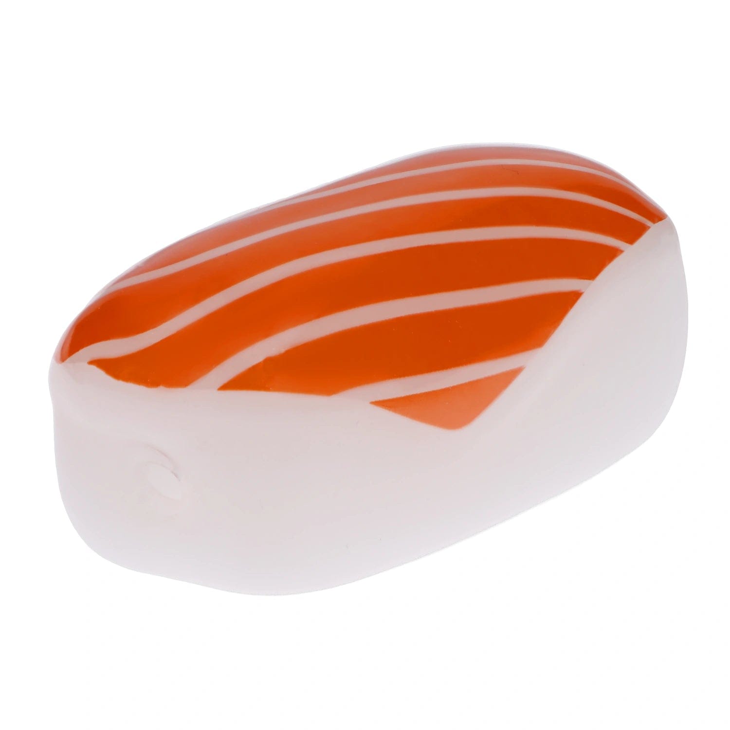 A studio shot of the Salmon Nigiri Sushi Hand Pipe, appearing as a realistic sushi piece with pink and white tones.
