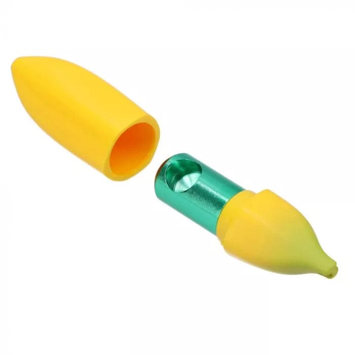 Close-up view of the Silicone Banana Skin Metal Hand Pipe, with a bright yellow silicone skin partially covering a metallic pipe.