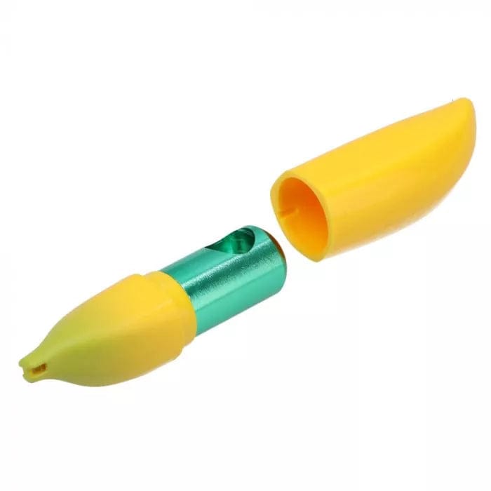 A close-up shows the Silicone Banana Skin Metal Hand Pipe with a yellow silicone casing partially removed, revealing the metallic pipe inside.