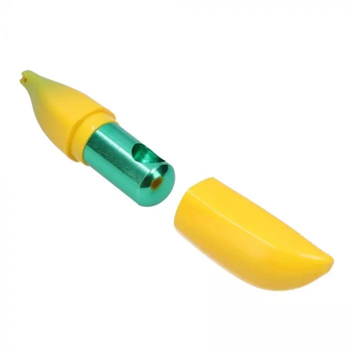 Close-up of the Silicone Banana Skin Metal Hand Pipe, showcasing its yellow silicone cover and metallic pipe beneath.