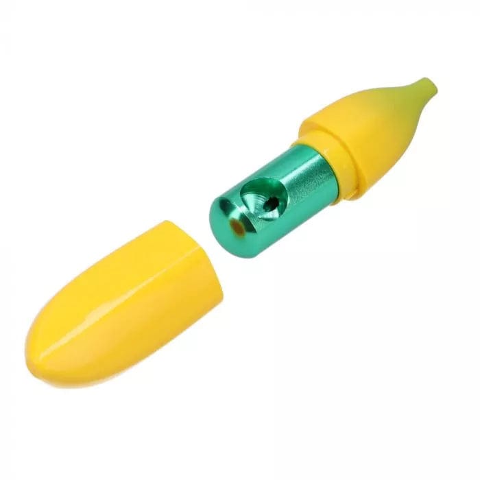 A close-up shows the Silicone Banana Skin Metal Hand Pipe with a yellow silicone sleeve covering a metallic pipe.