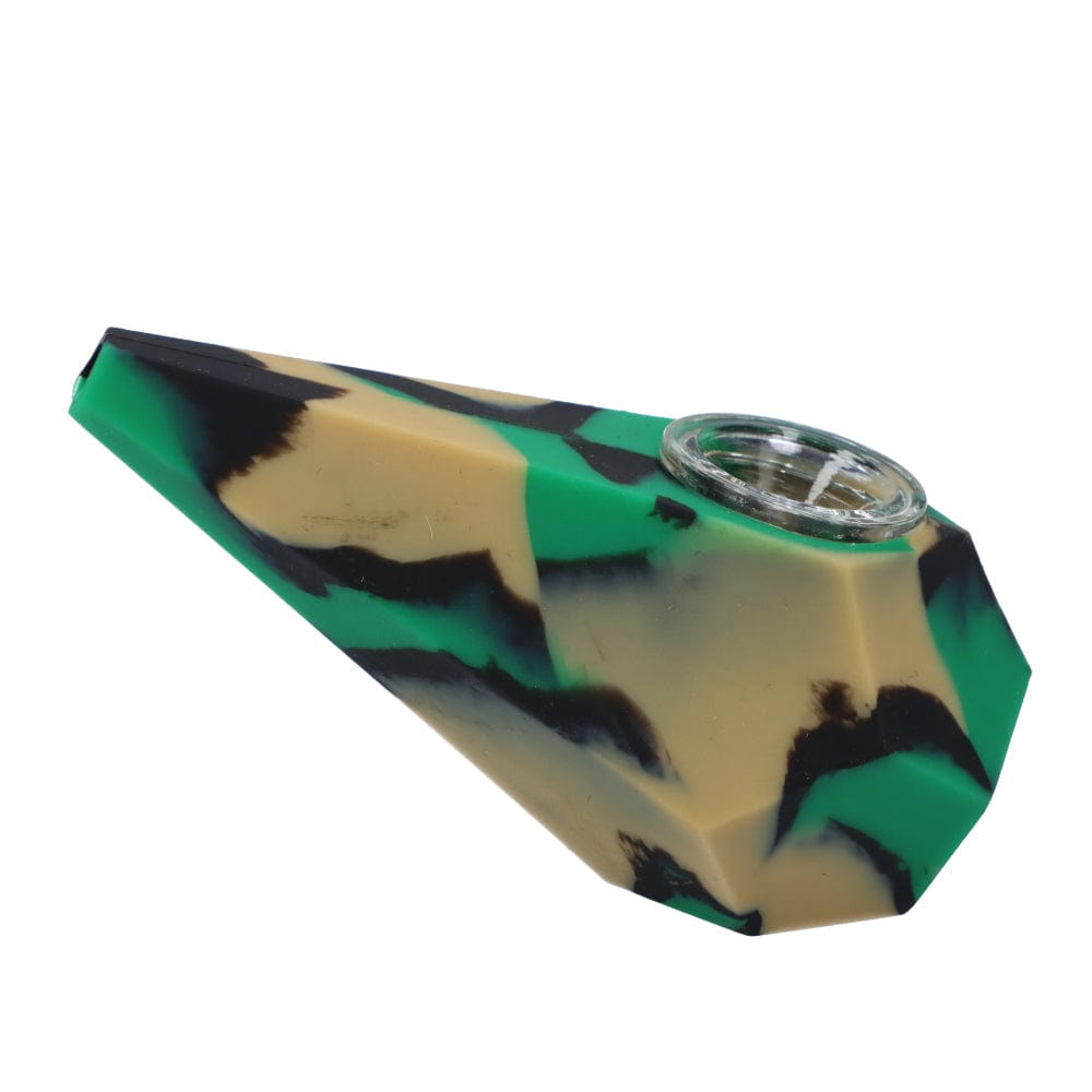 A close-up, angled view of the Silicone Diamond Hand Pipe Assorted, showcasing its faceted, diamond-like shape and colorful design.