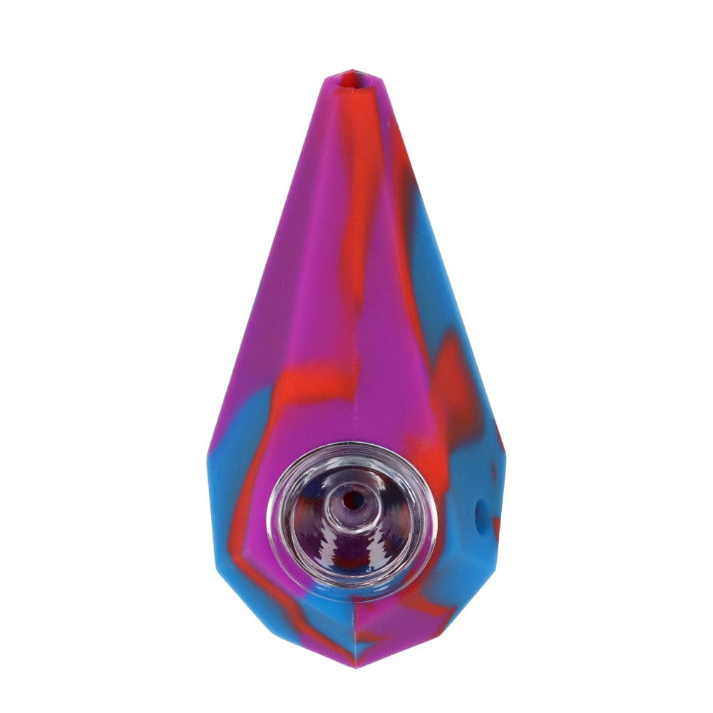 A close-up, angled view of the Silicone Diamond Hand Pipe Assorted, showcasing its colorful, diamond-shaped design.