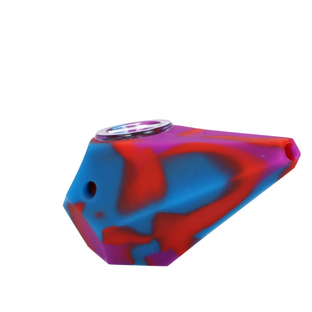 A close-up, angled view of the Silicone Diamond Hand Pipe Assorted, showcasing its multifaceted, jewel-like shape and colorful design.