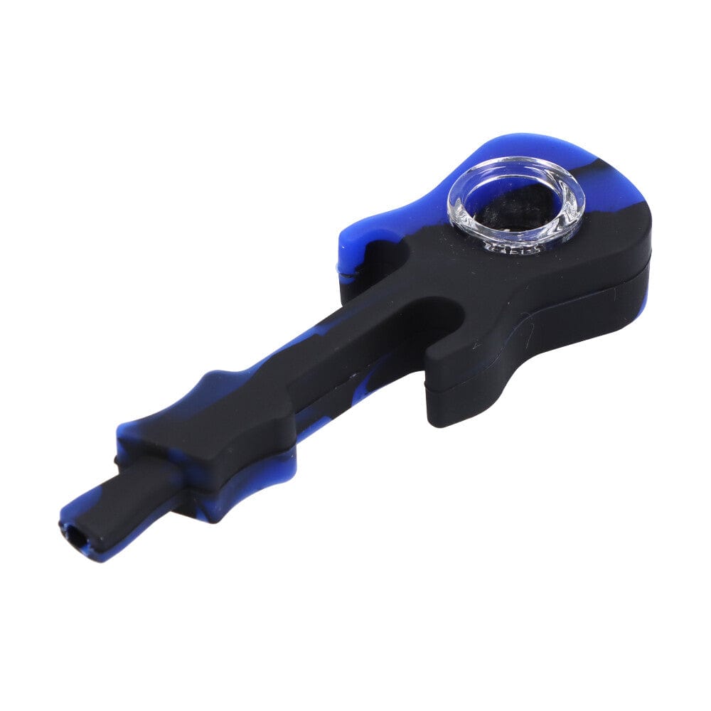 Blue and black silicone guitar-shaped smoking pipe.