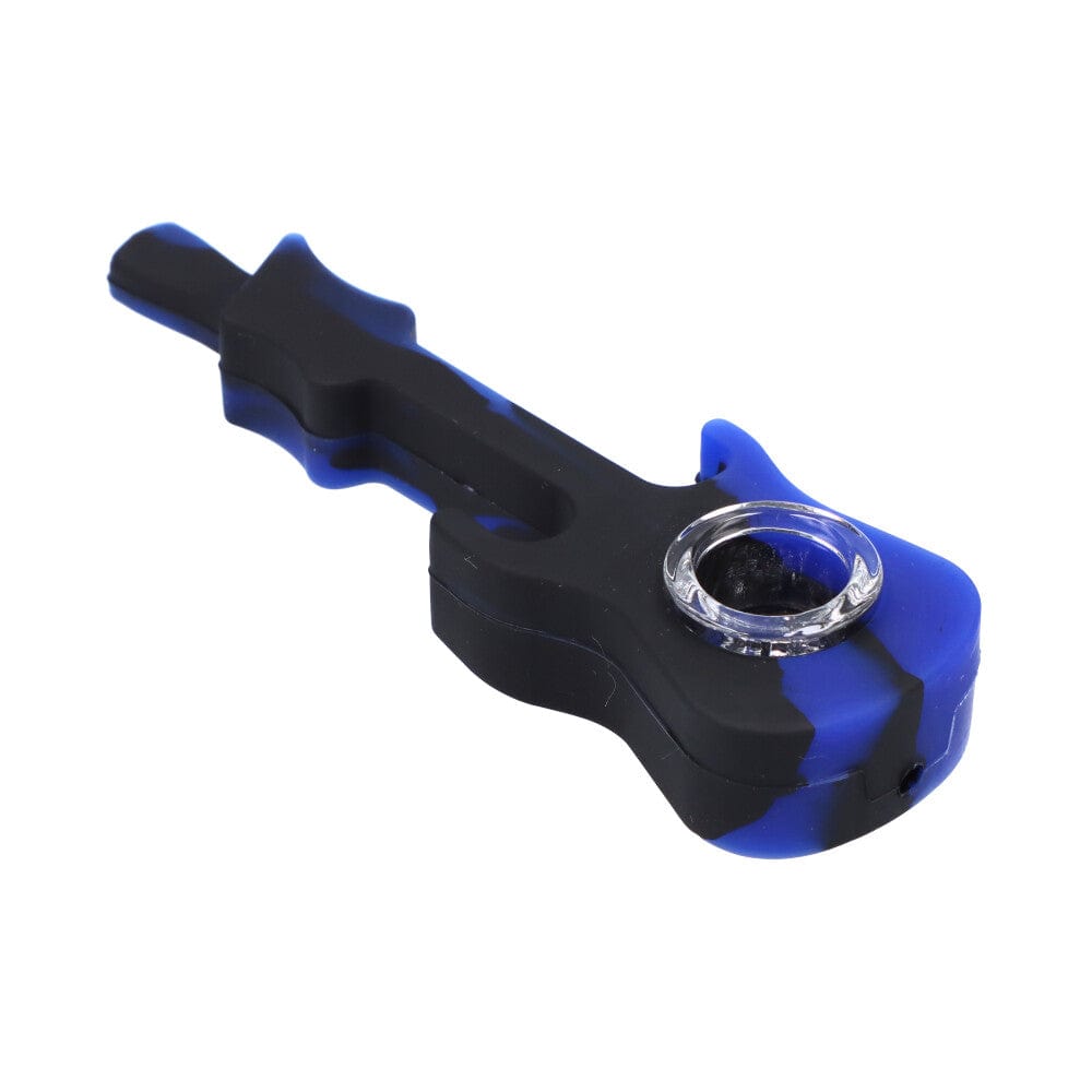 Blue and black silicone smoking pipe with glass bowl.