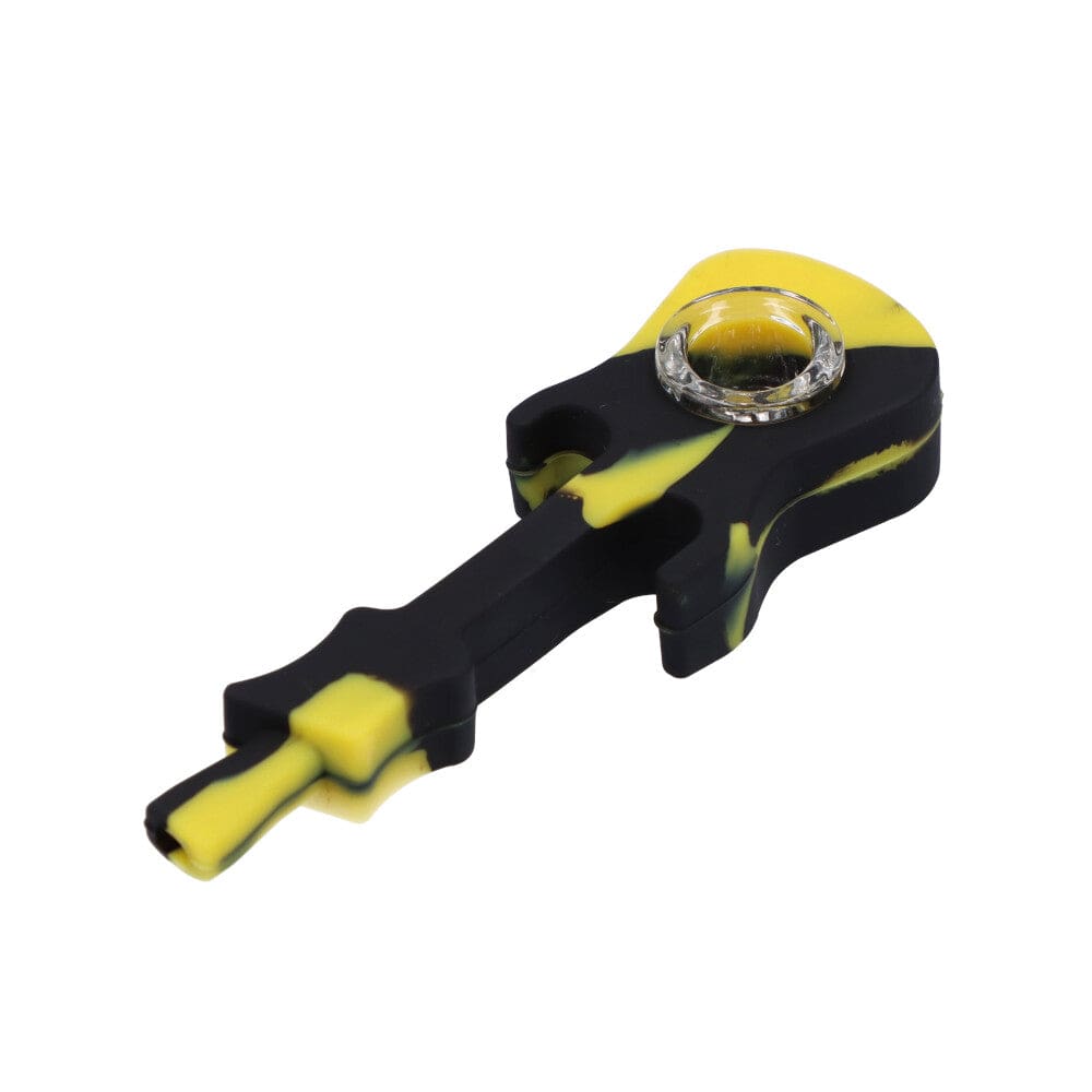 Black and yellow silicone guitar-shaped smoking pipe.