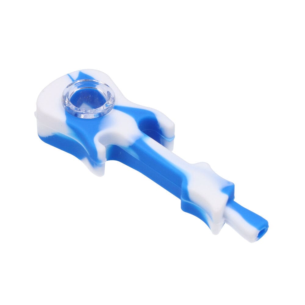 Blue and white silicone cannabis pipe.