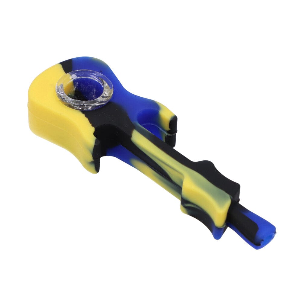 Silicone cannabis pipe in blue and yellow.