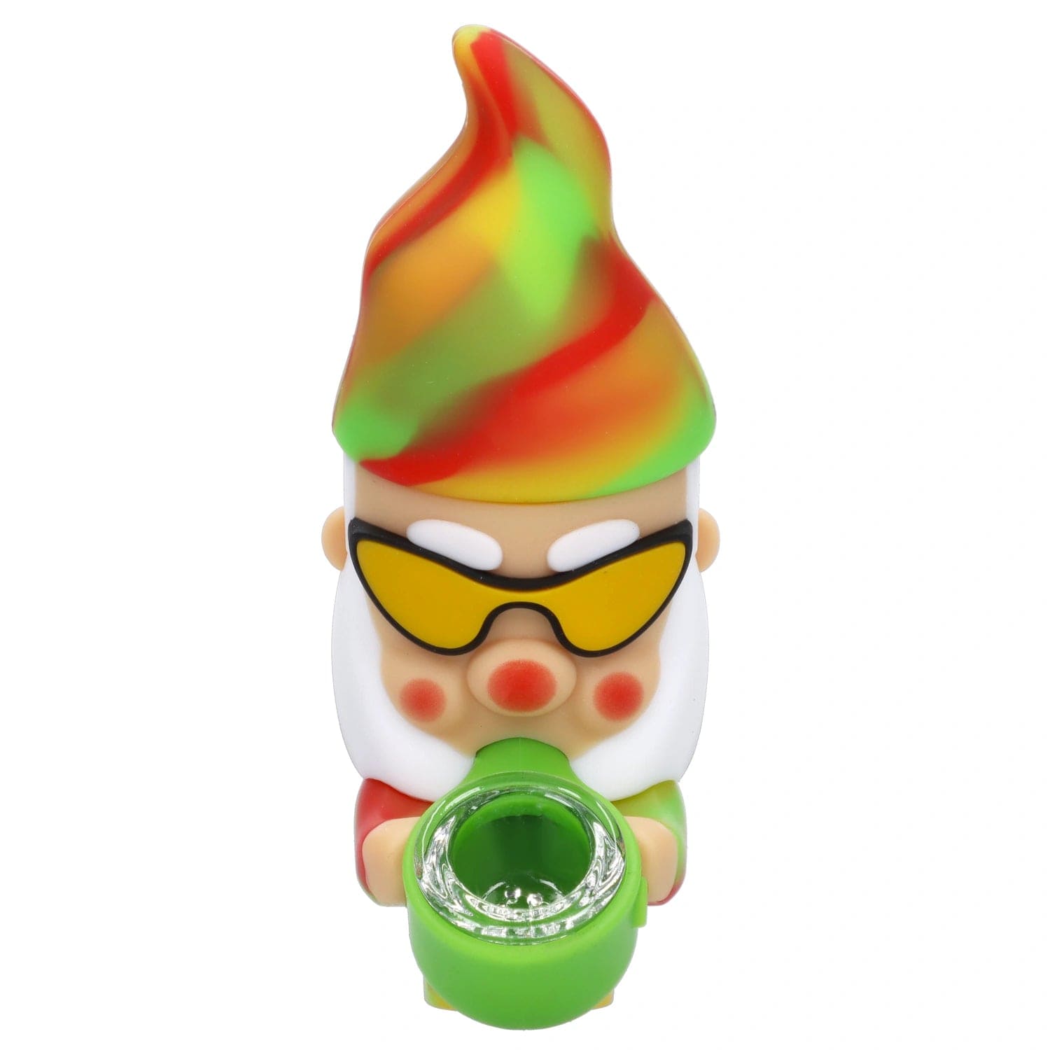 Front view of the Trippy Gnome Silipipe, a colorful, cartoonish pipe resembling a gnome with a pointed hat and smiling face.