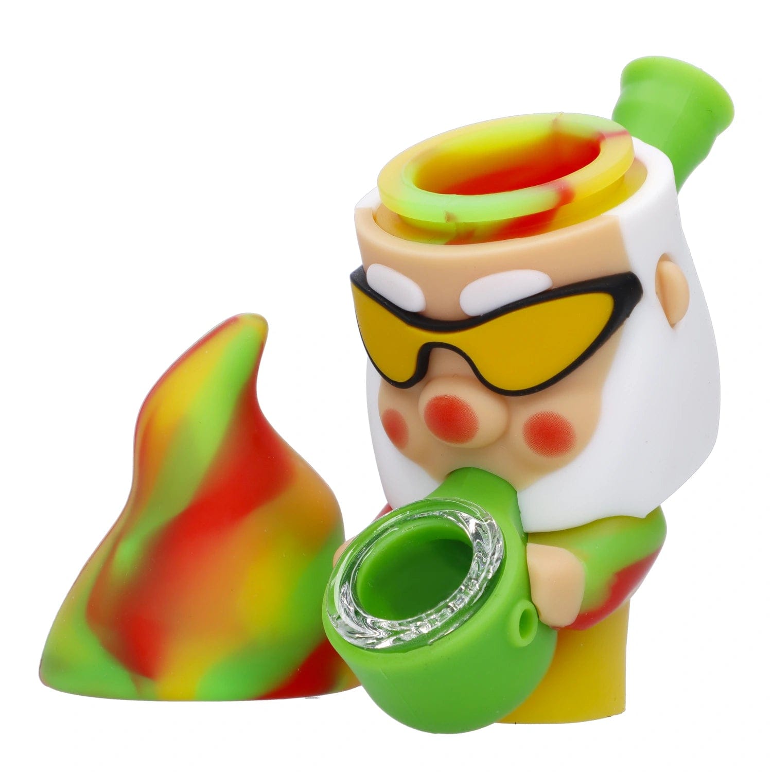 A slightly angled view of the Trippy Gnome Silipipe, a colorful, cartoon-style pipe resembling a whimsical gnome with a green hat.