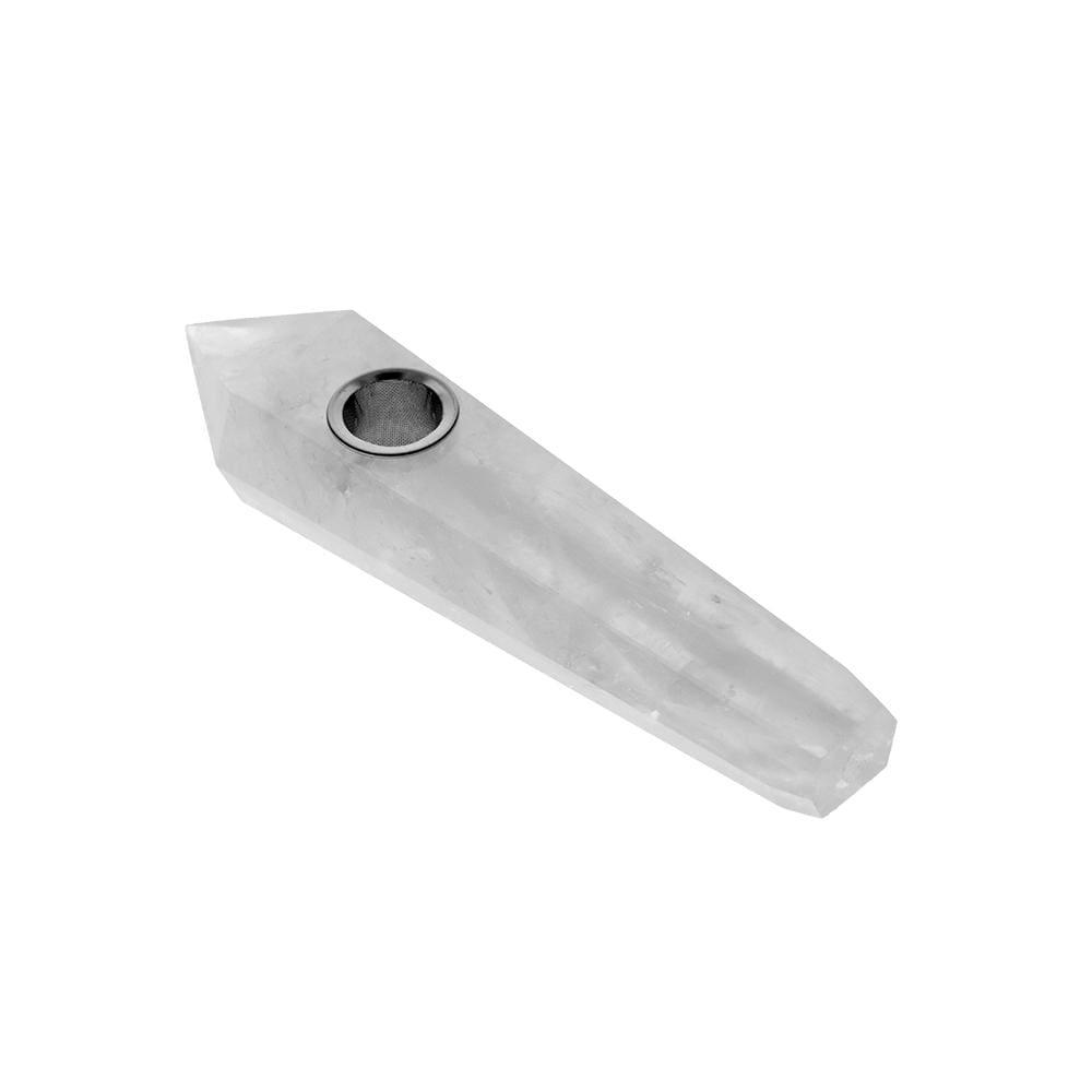 A side view of the Crystal Hand Pipe, showcasing its smooth, transparent design and simple form.