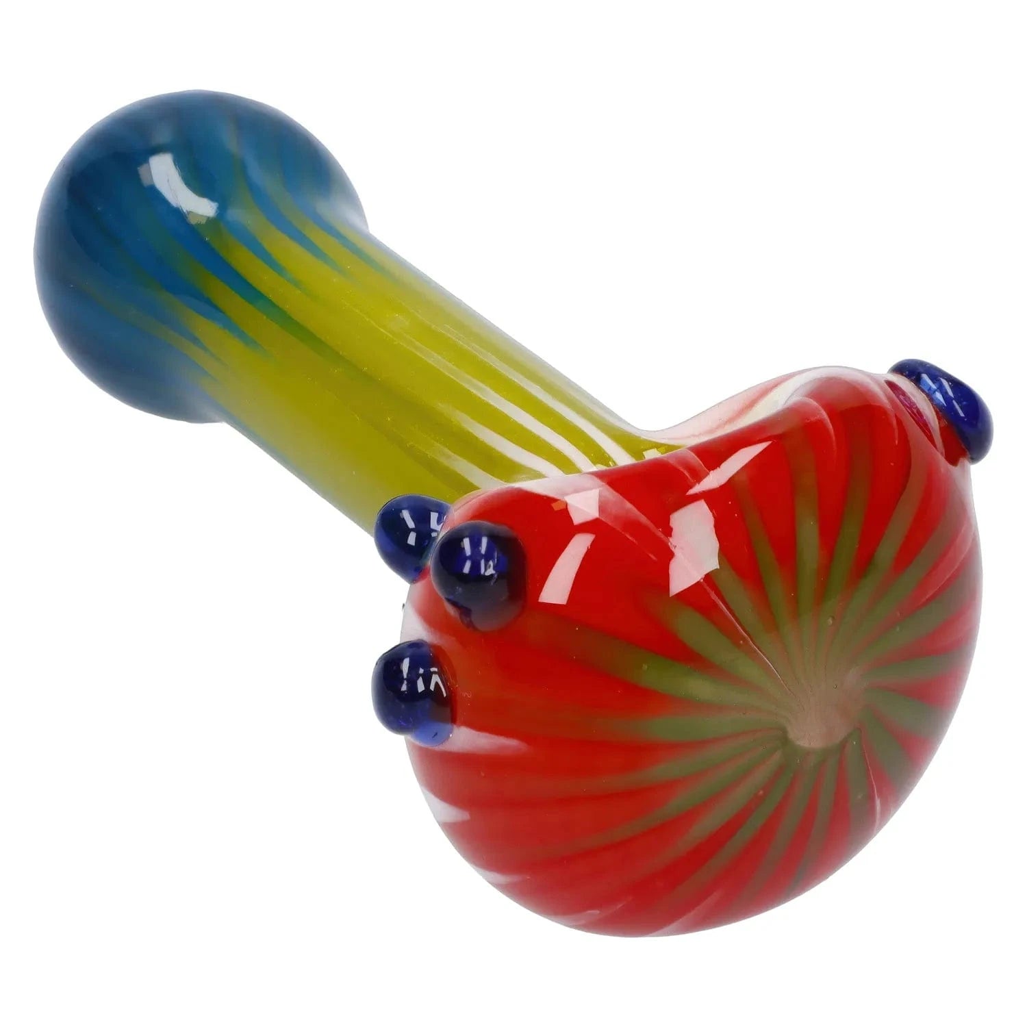 Close-up angled view of the Colorful Reversal Art Spoon Pipe - 4.5 in showing a red bowl with green pinstripes, blue glass knobs and a yellow-to-blue striped stem.