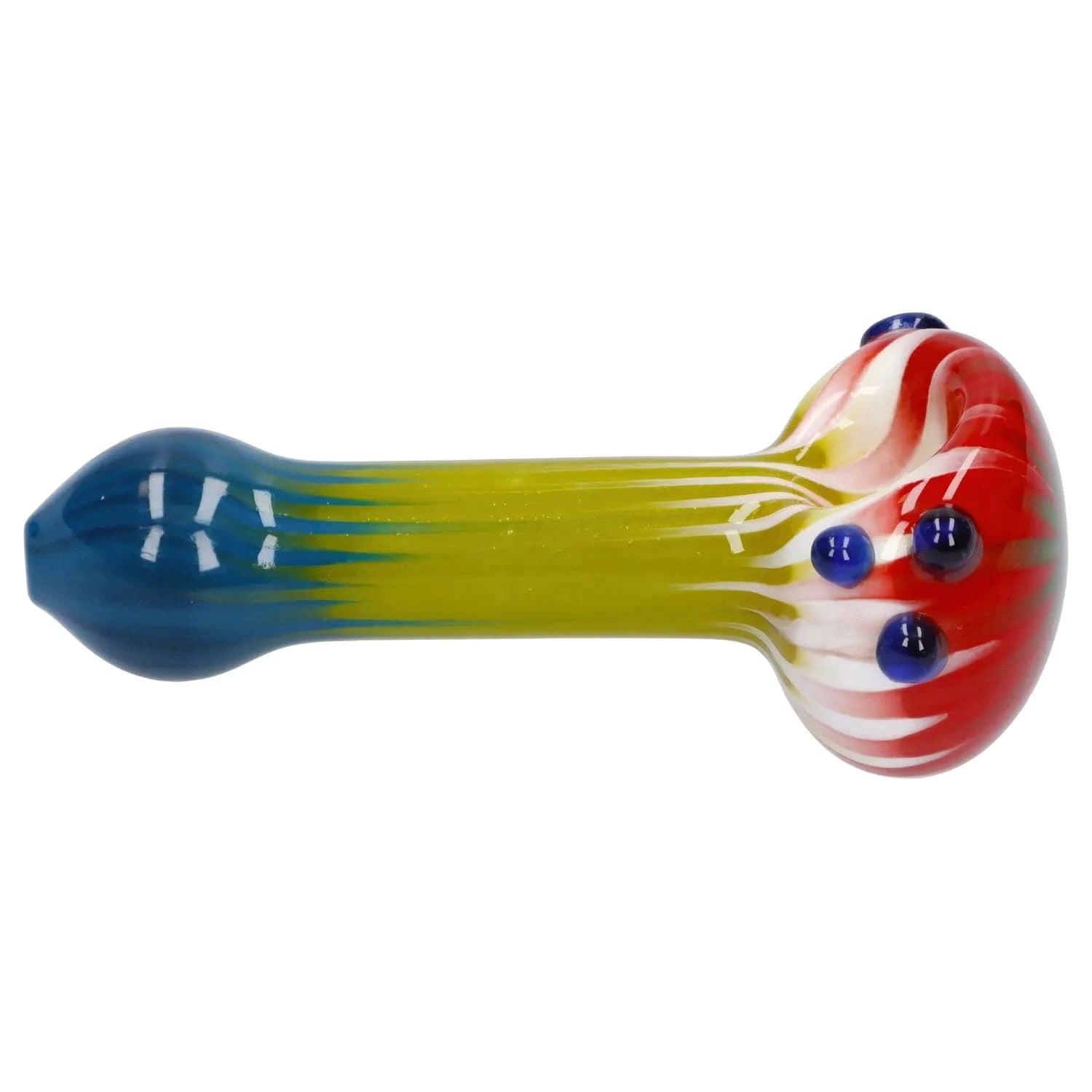 Side profile of the Colorful Reversal Art Spoon Pipe - 4.5 in showing a yellow-to-blue striped stem and a red-and-white swirled bowl with three raised blue glass dots.