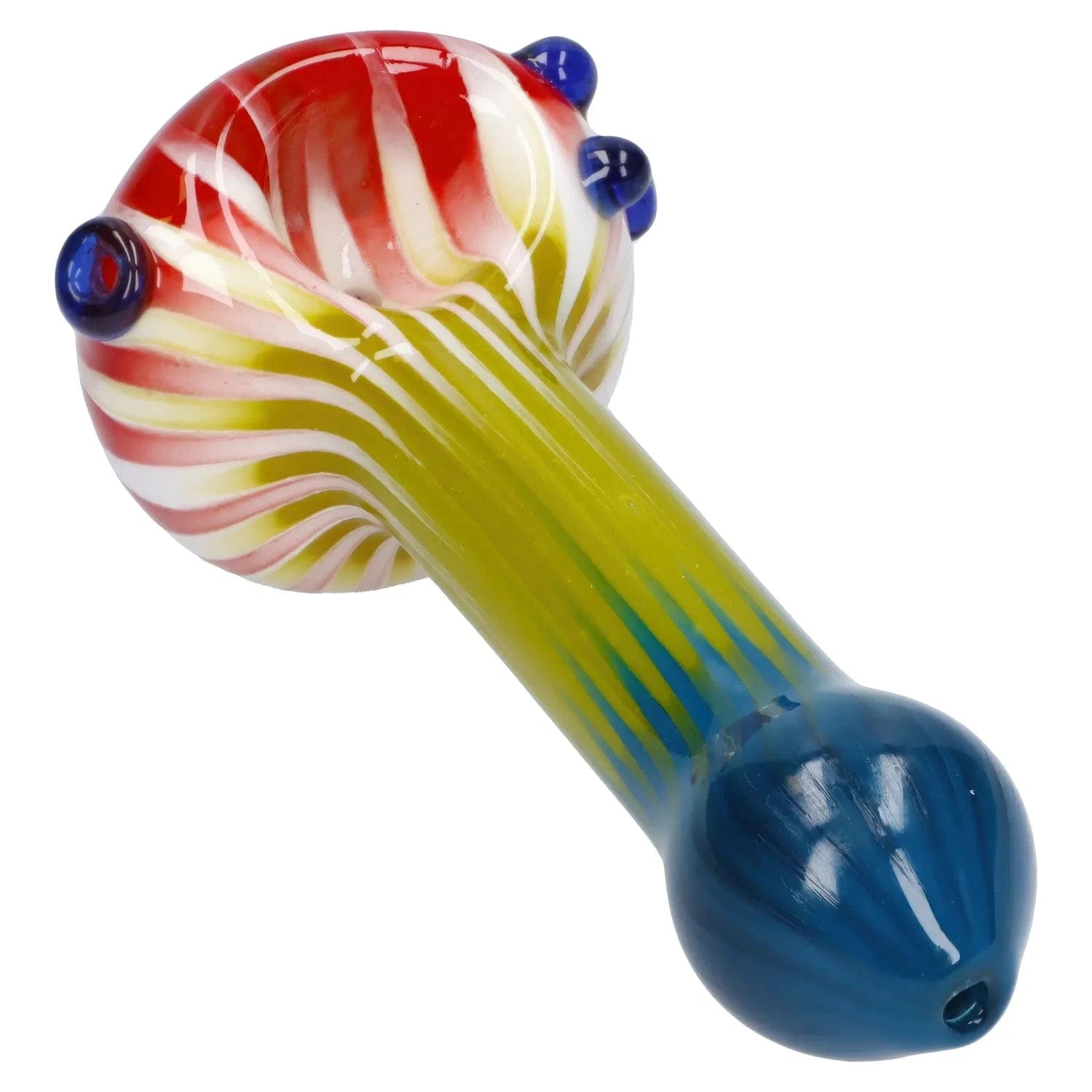 Angled close-up of the colorful Reversal Art Spoon Pipe - 4.5 in showing its red-and-white swirled bowl, green striped neck, and blue rounded mouthpiece